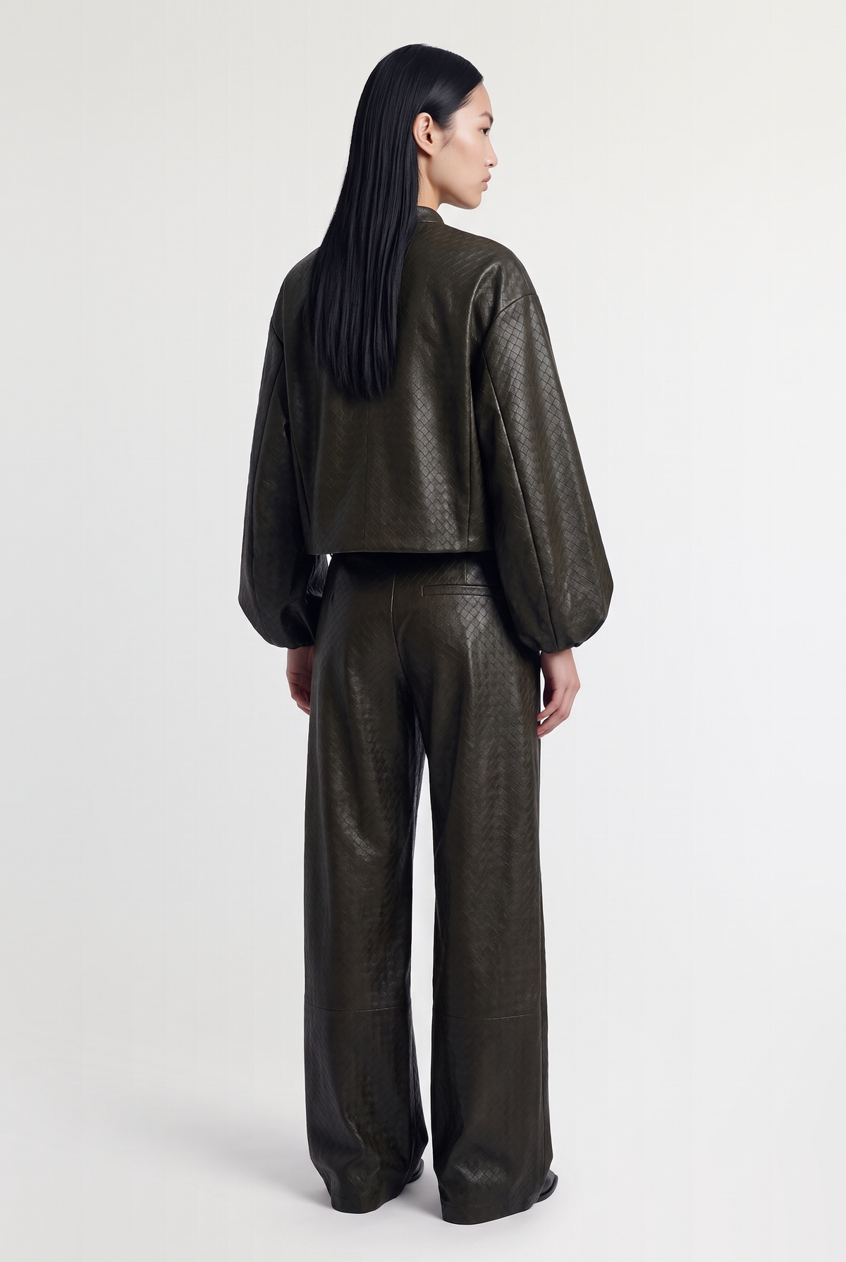 Woven-Effect Leather Trousers - Military - styled look, back view
