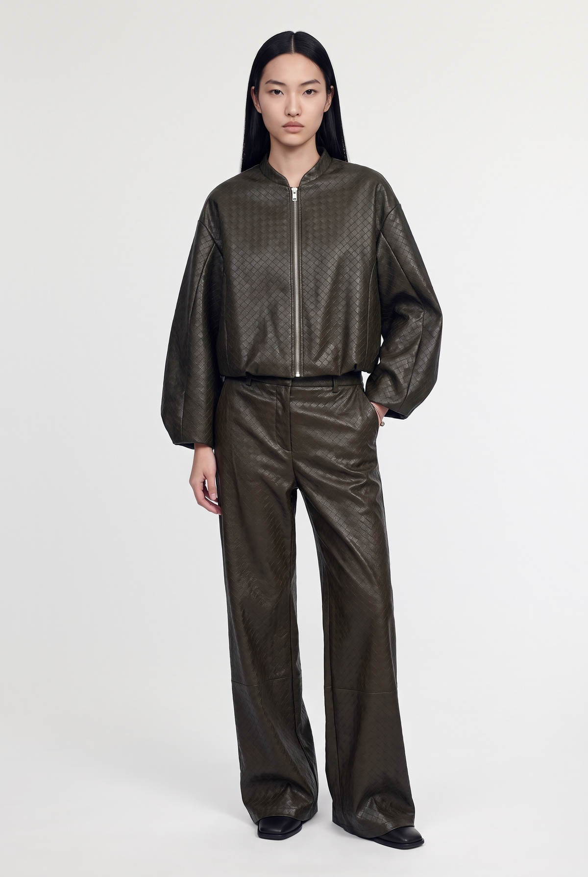 Woven-Effect Leather Trousers - Military - styled look, front view