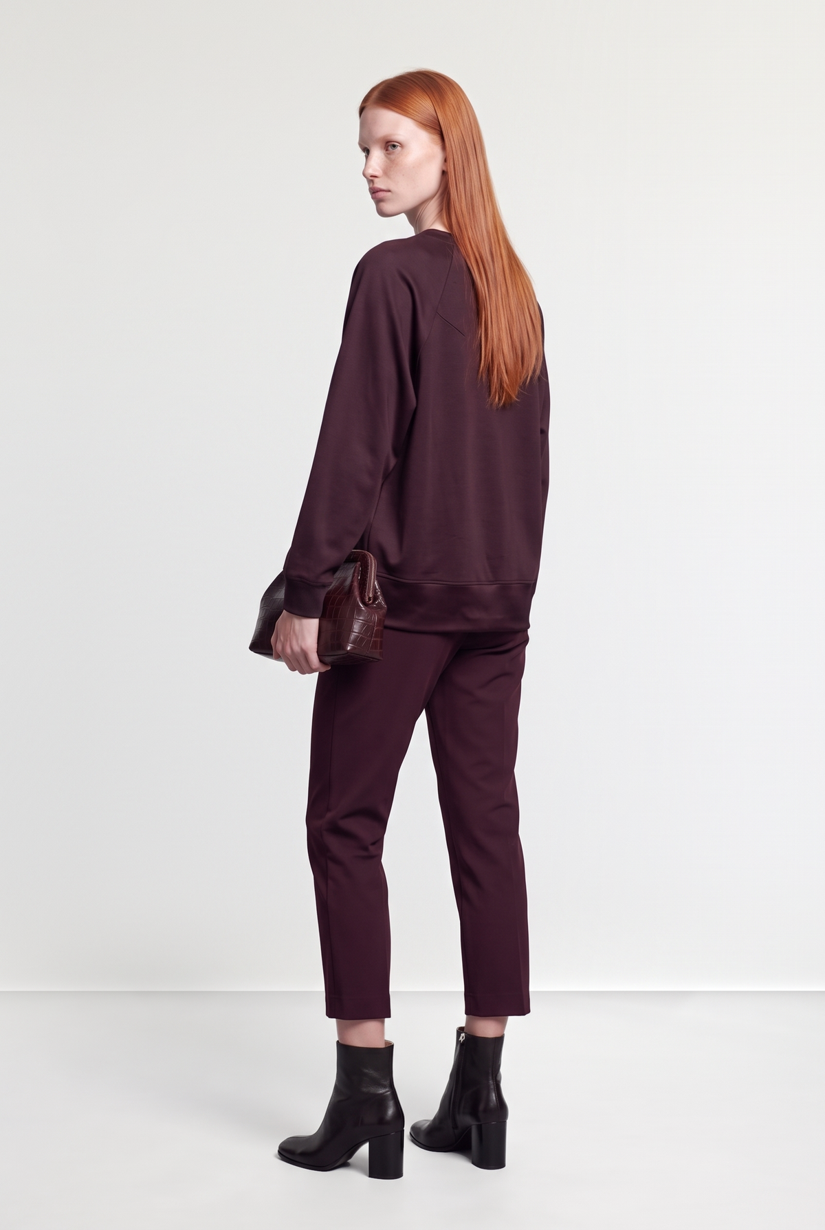 Belted Slim-Leg Pants - Burgundy - styled look, back view