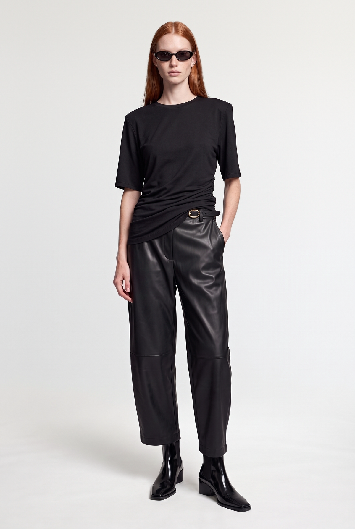 Leather Belted Pants - Black - styled look, front view