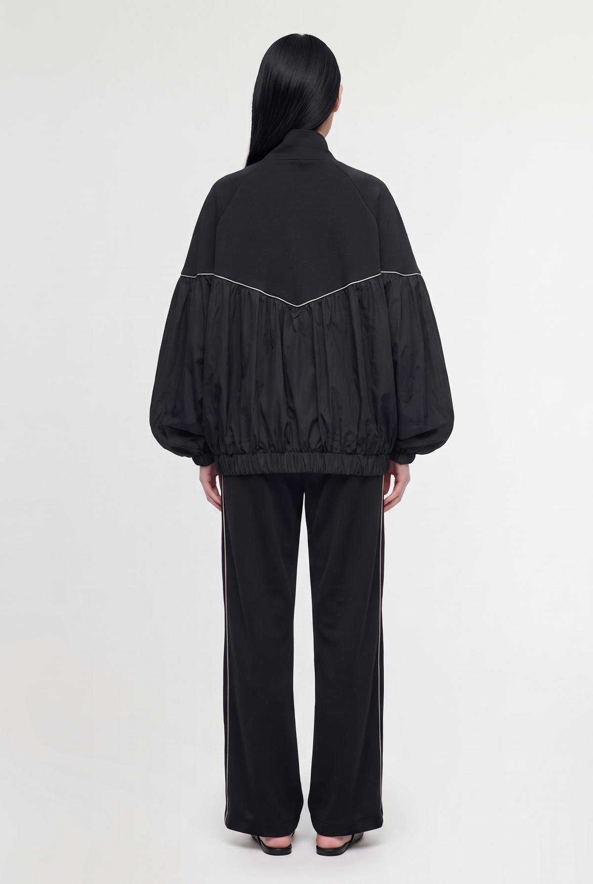 Black Contrast Piping Pants - Black - styled look, back view