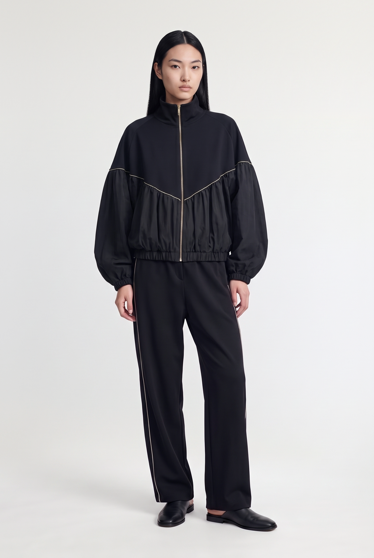 Black Contrast Piping Pants - Black - styled look, front view