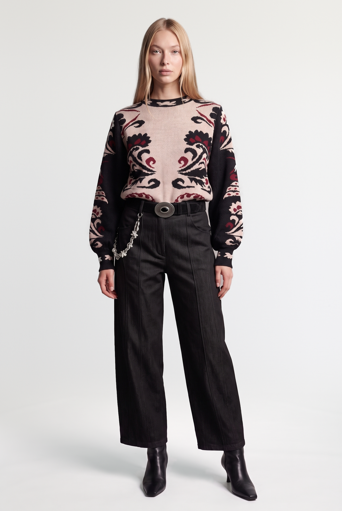 Chain-Detail Barrel-Leg Pants - Black Denim - front view