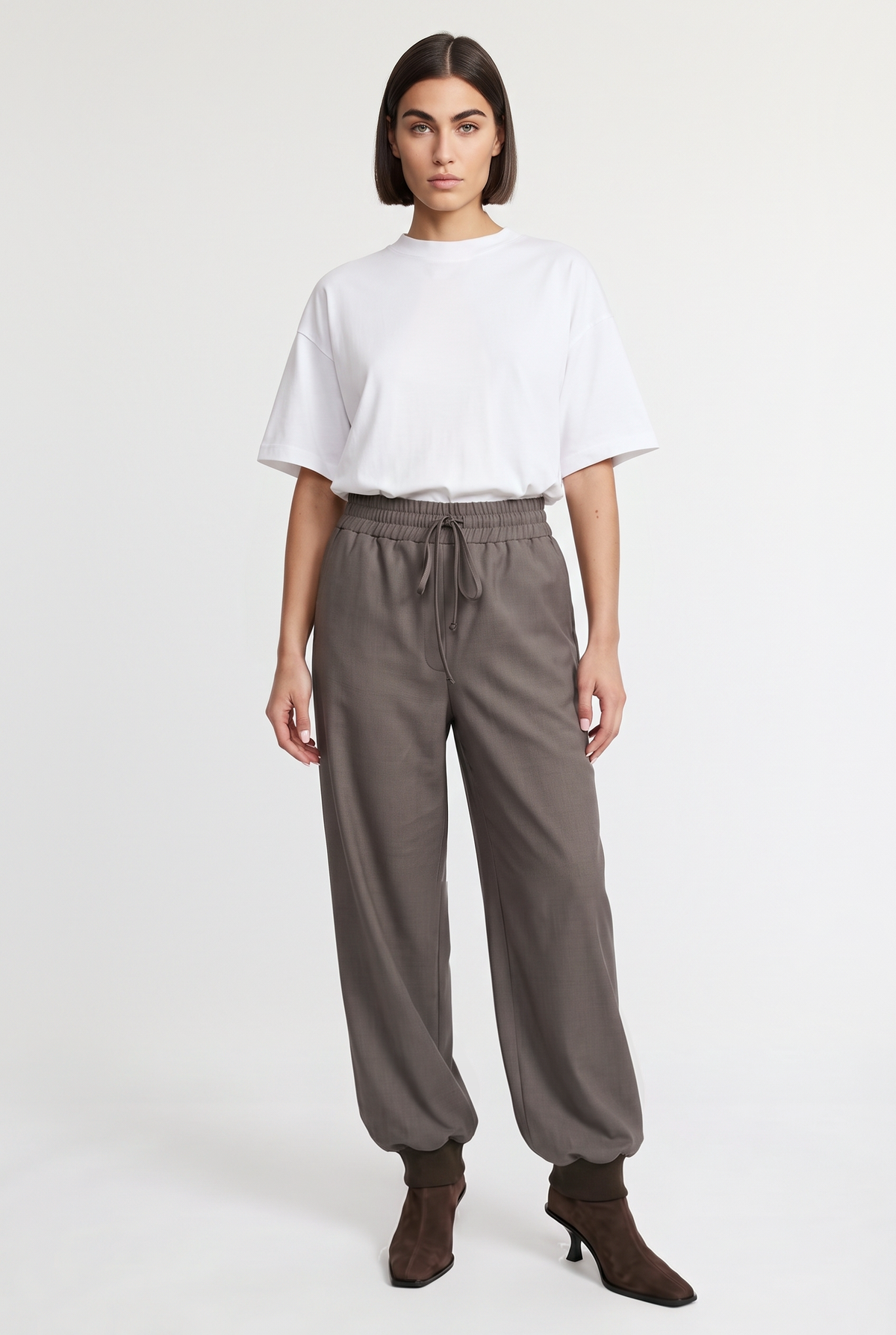 Satin Jogger Pants - Brown - front view