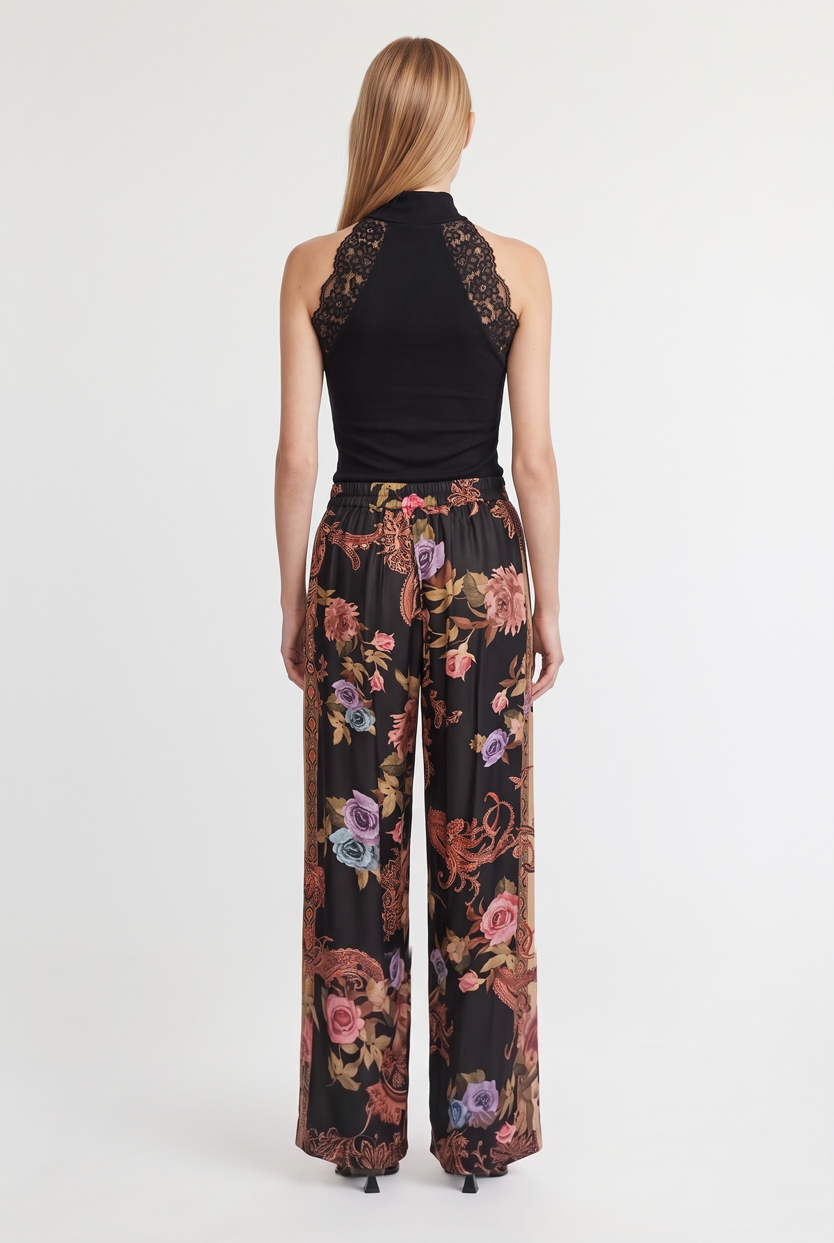 Floral satin wide trousers - Black - back view