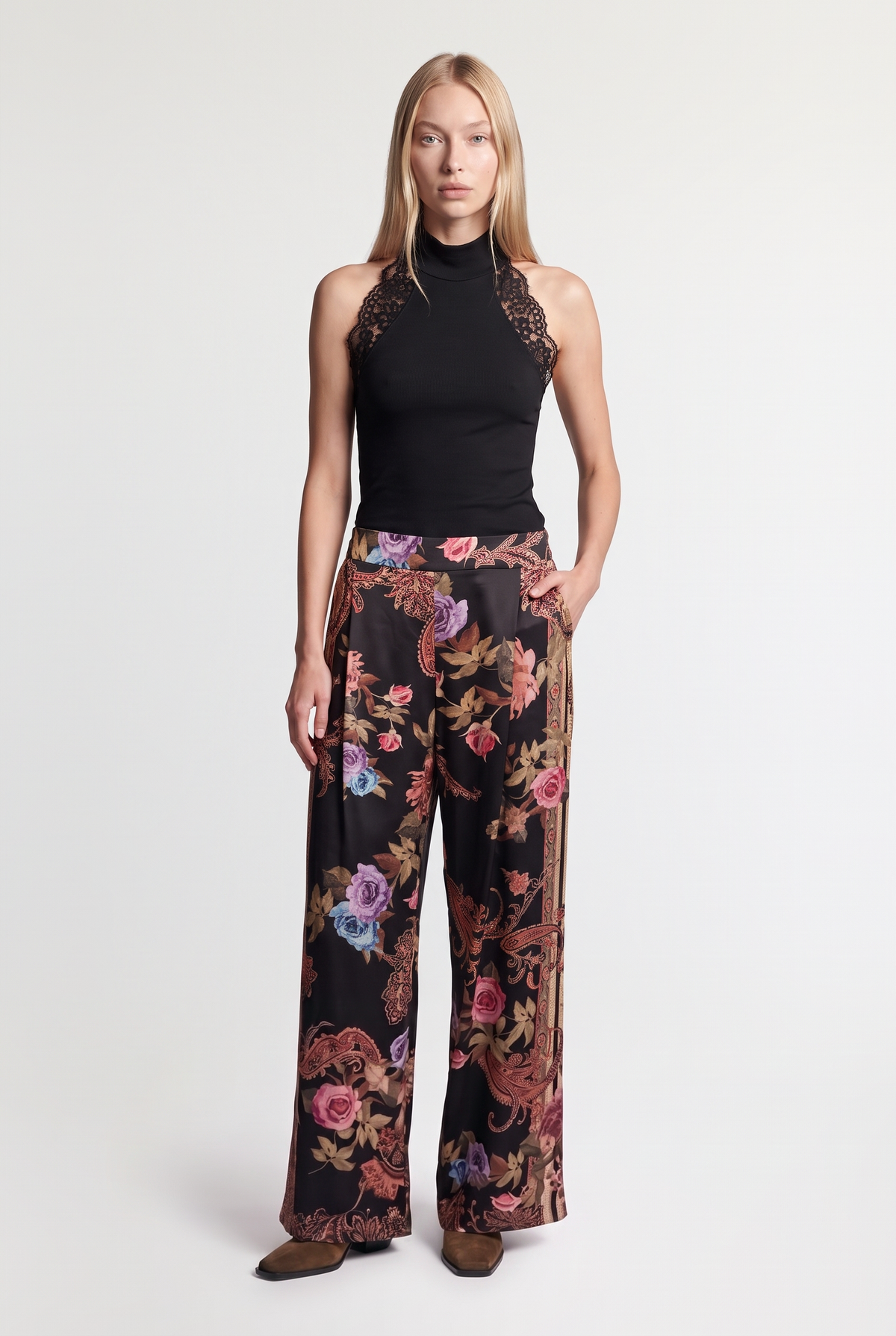 Floral satin wide trousers - Black - front view