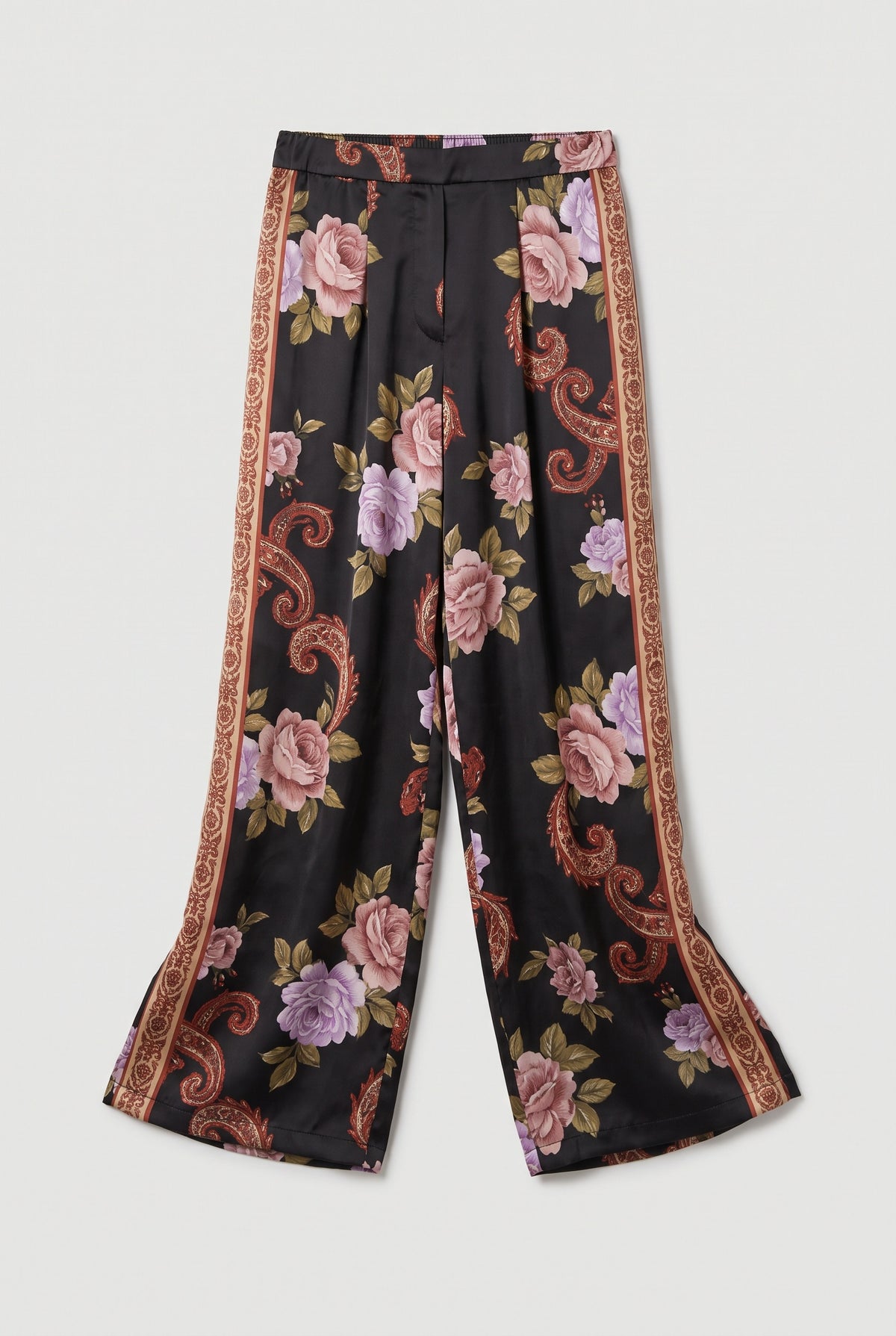Floral satin wide trousers - Black - flat lay