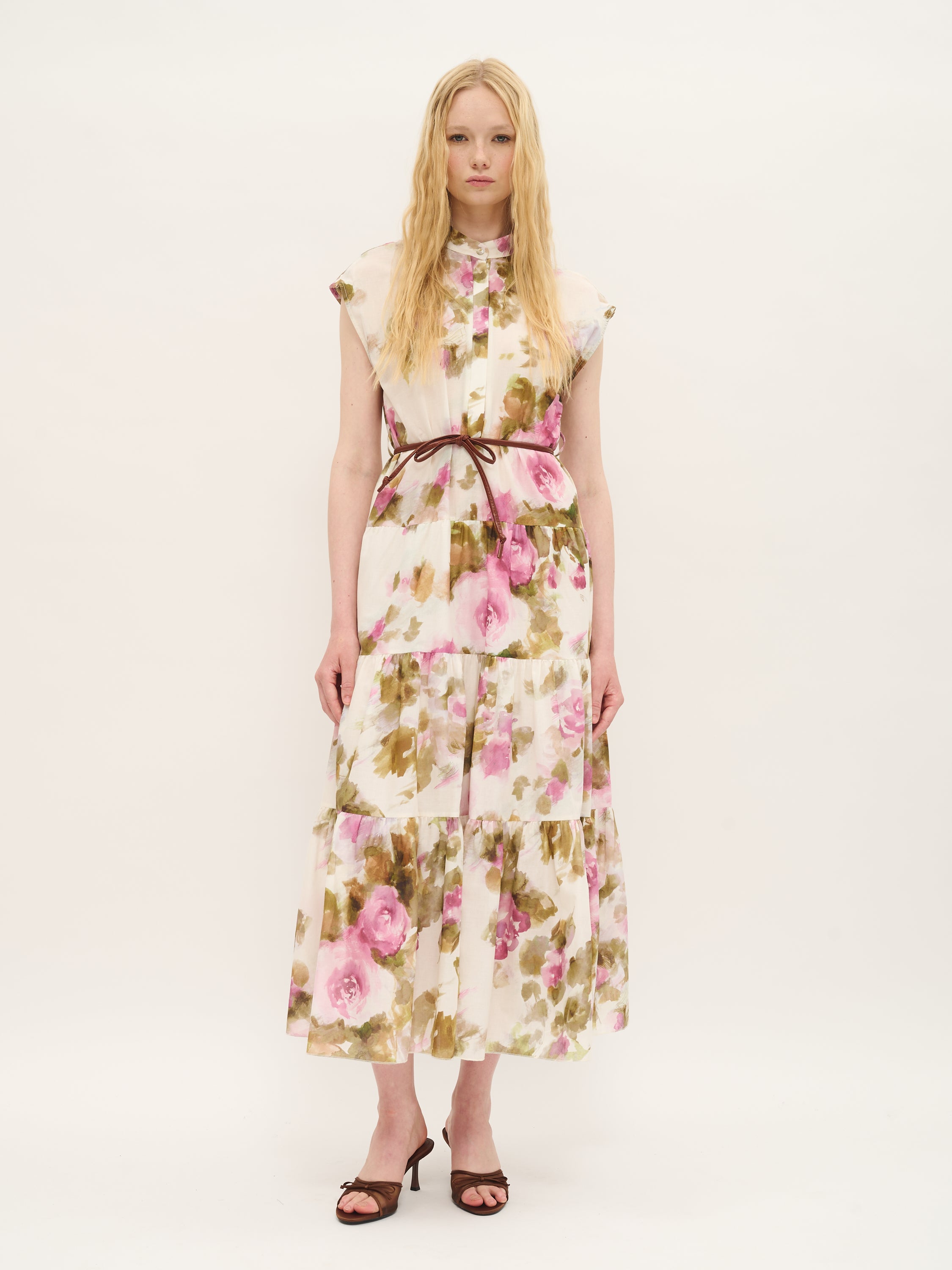 Tiered Floral Cotton Dress with Removable Belt