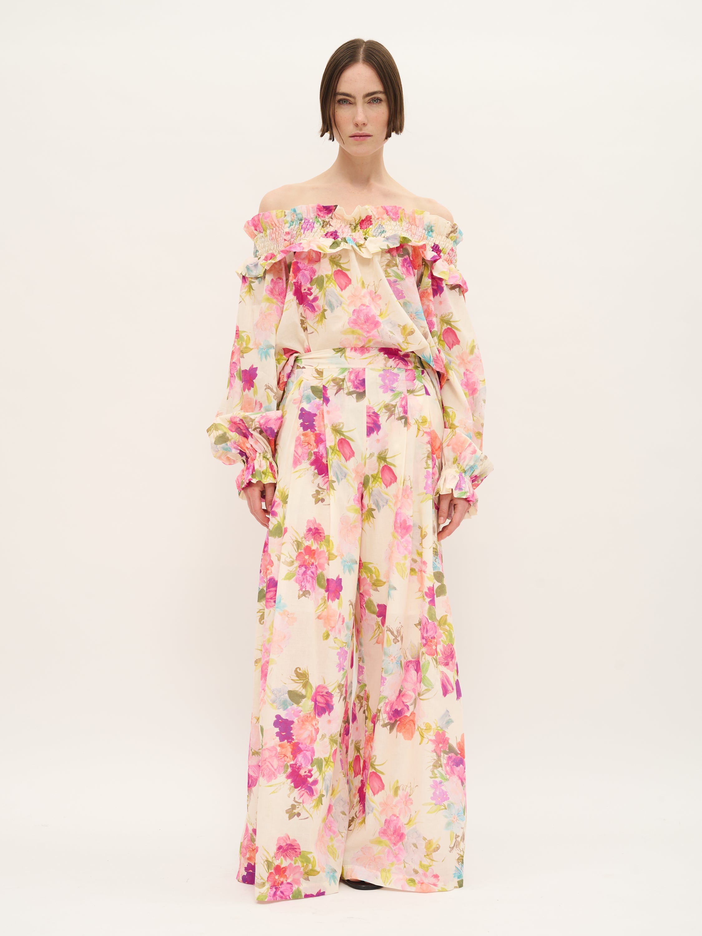 Pantalon large à fleurs en voile de coton