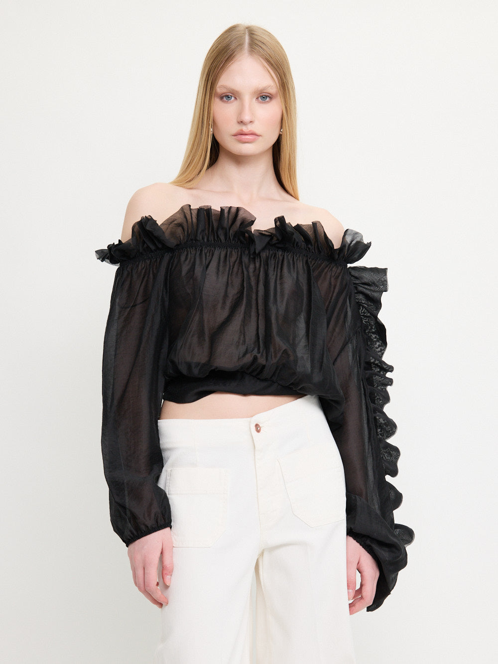 Sheer Asymmetrical Ruffle Top
