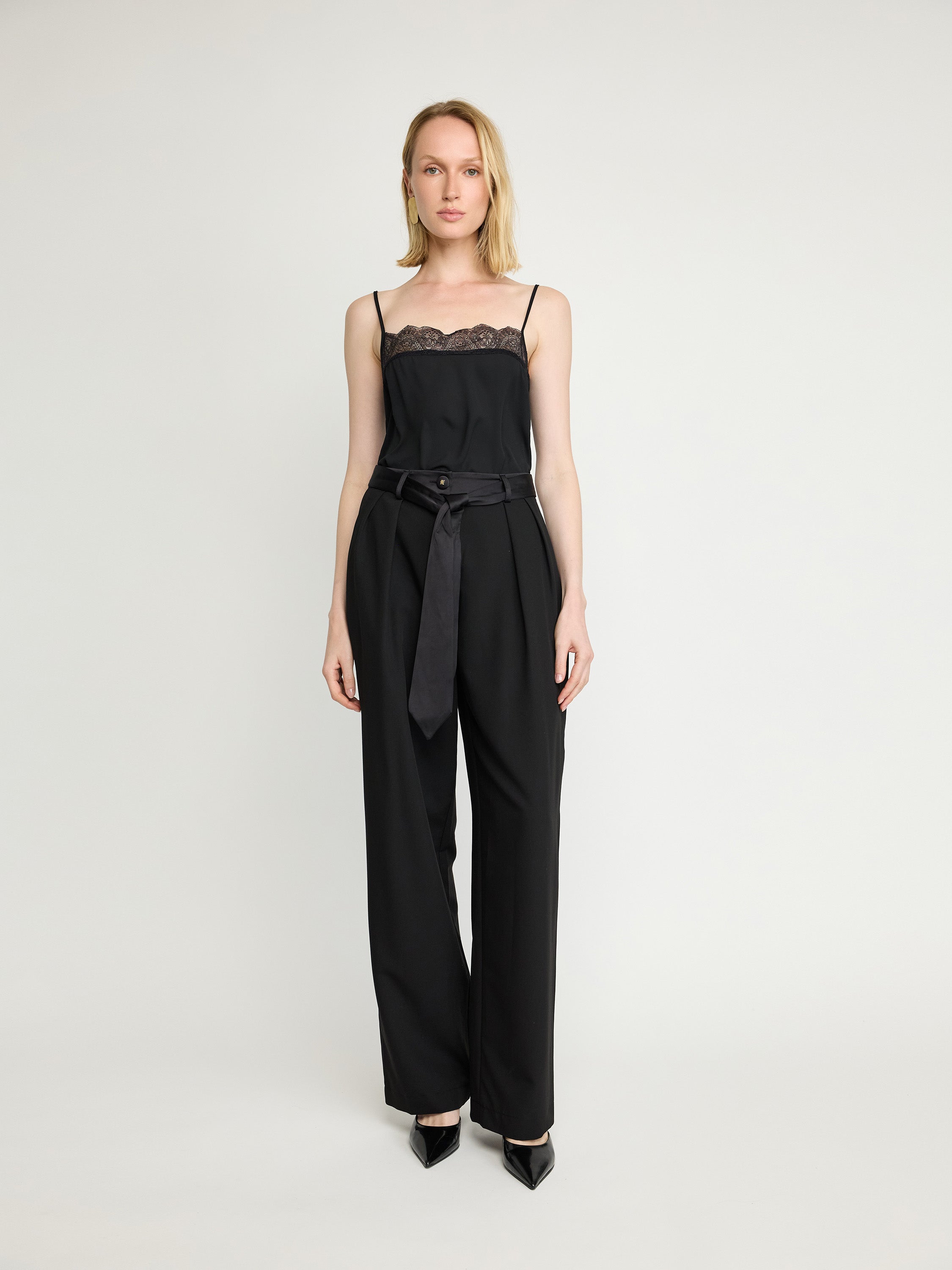 Pleated Wide-Leg Pants with Tie Belt