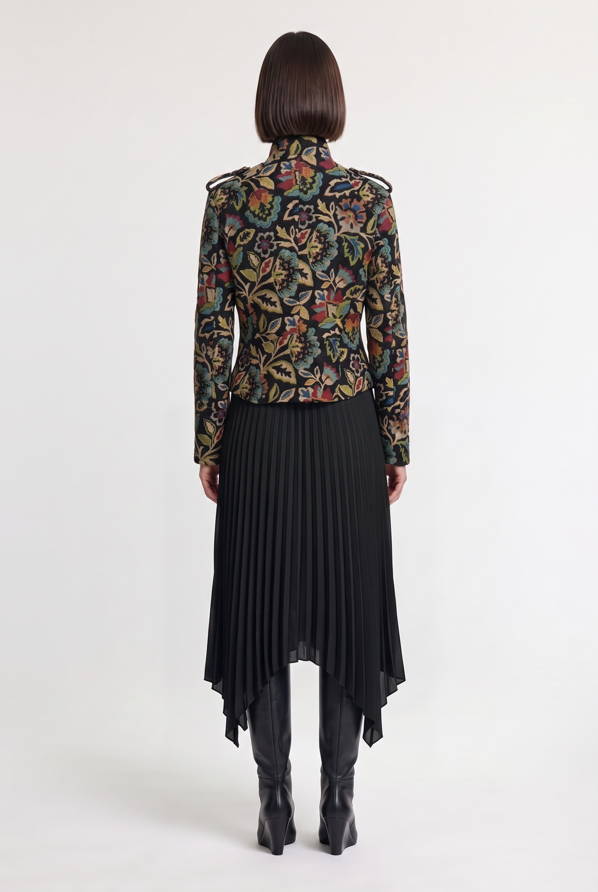 Floral Jacquard Military Jacket - Black/Multi - back view