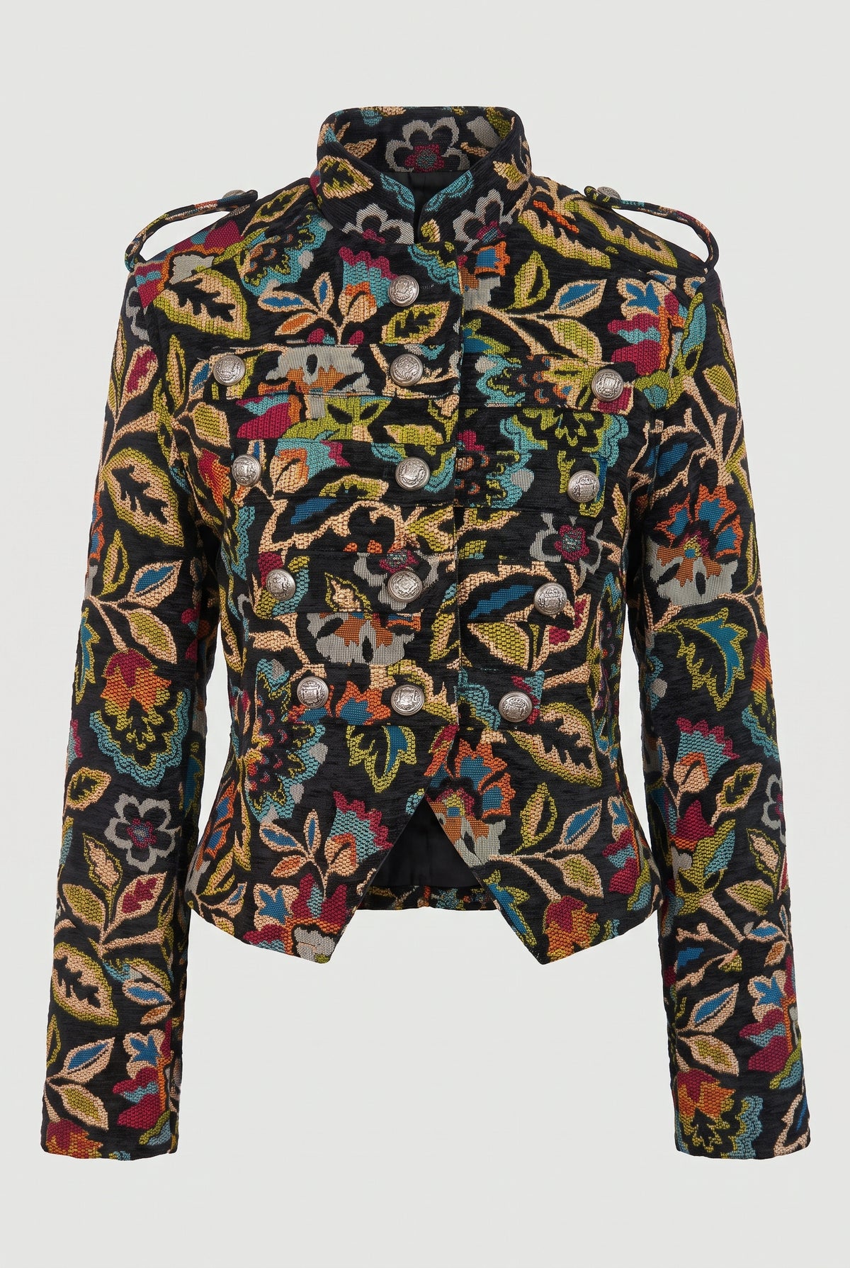 Floral Jacquard Military Jacket - Black/Multi - flat lay