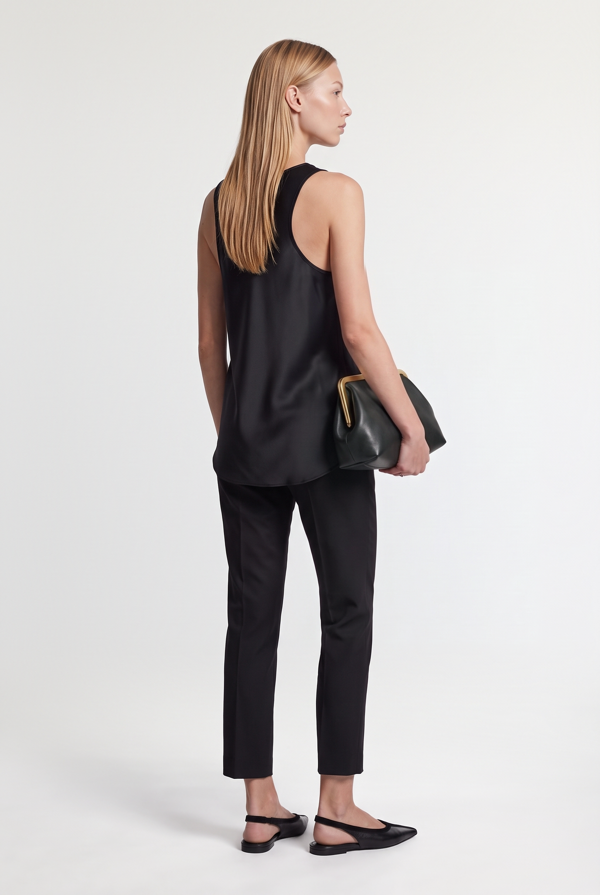 Lace Trim Satin Camisole - Black - back view