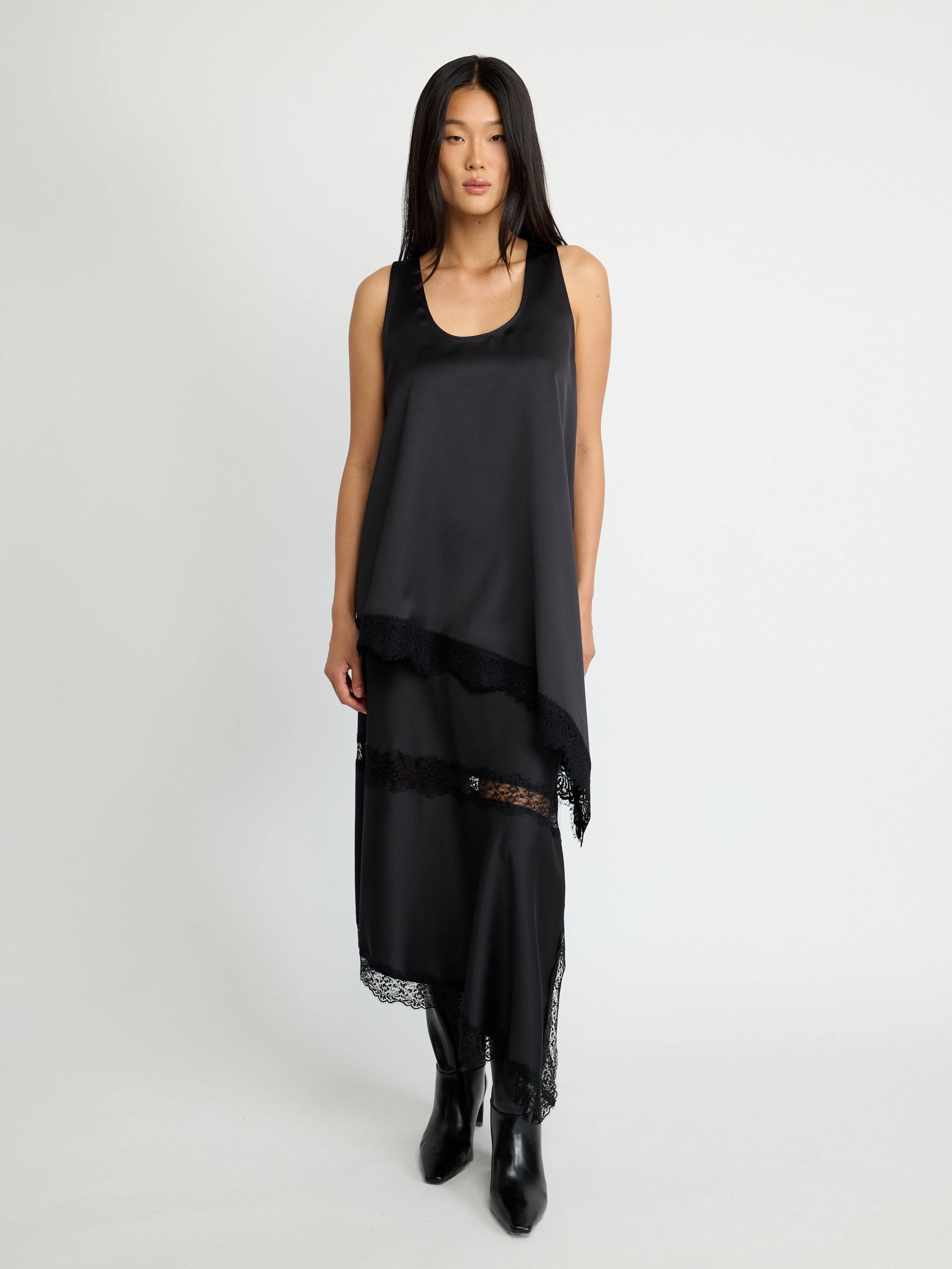 Lace-Trim Satin Midi Skirt