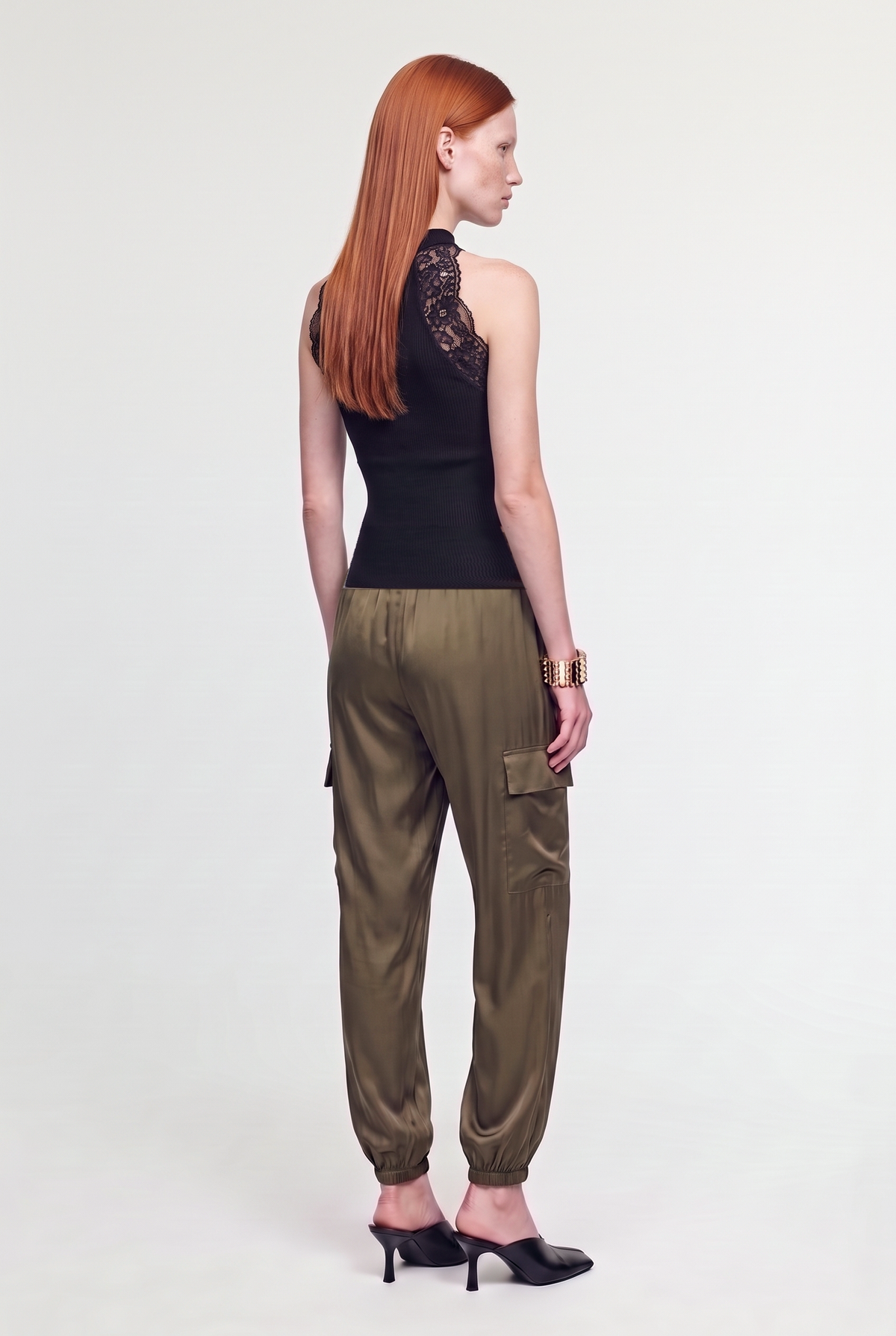 Lace-Panel Sleeveless Midi Top - Black - back view