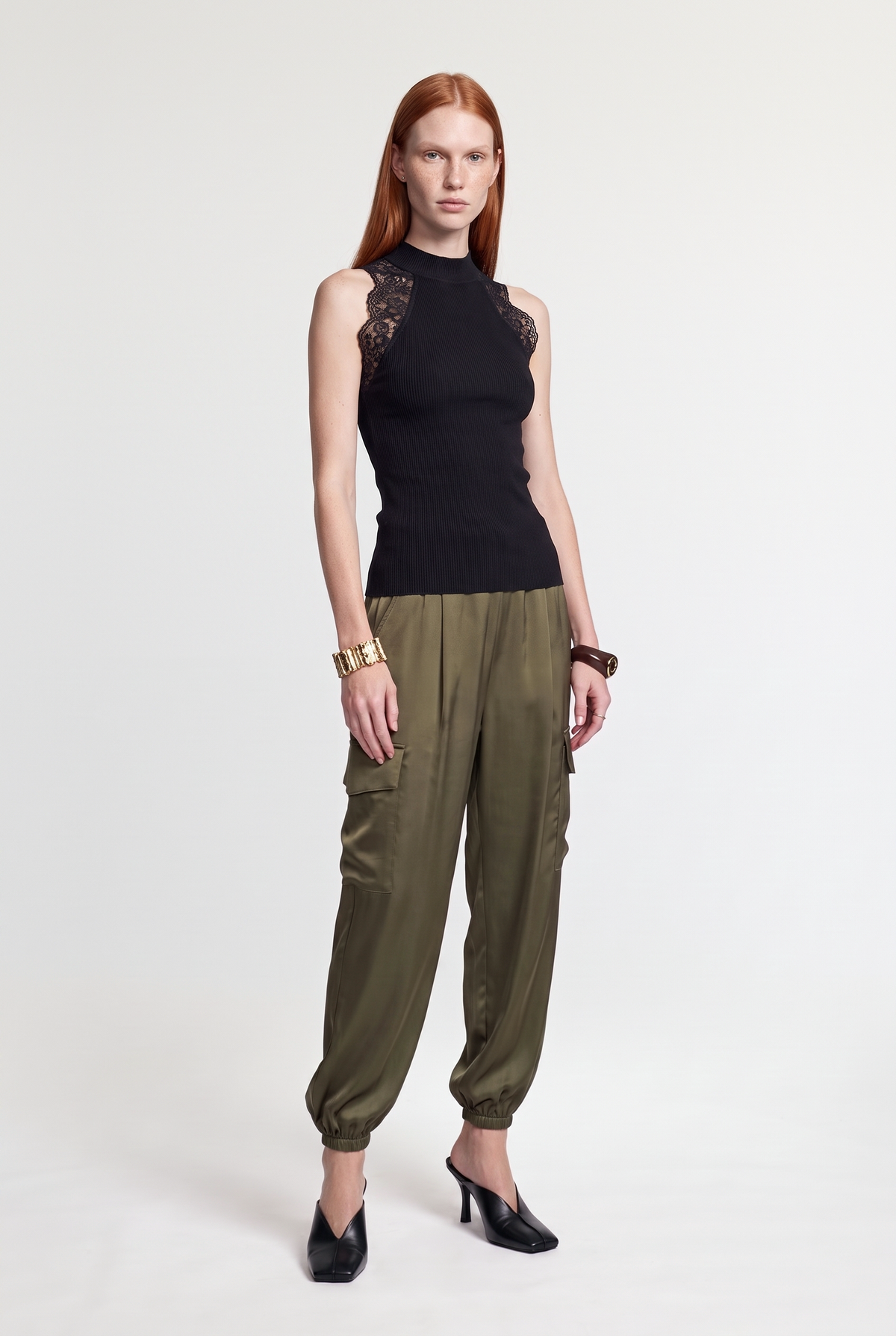 Lace-Panel Sleeveless Midi Top - Black - front view