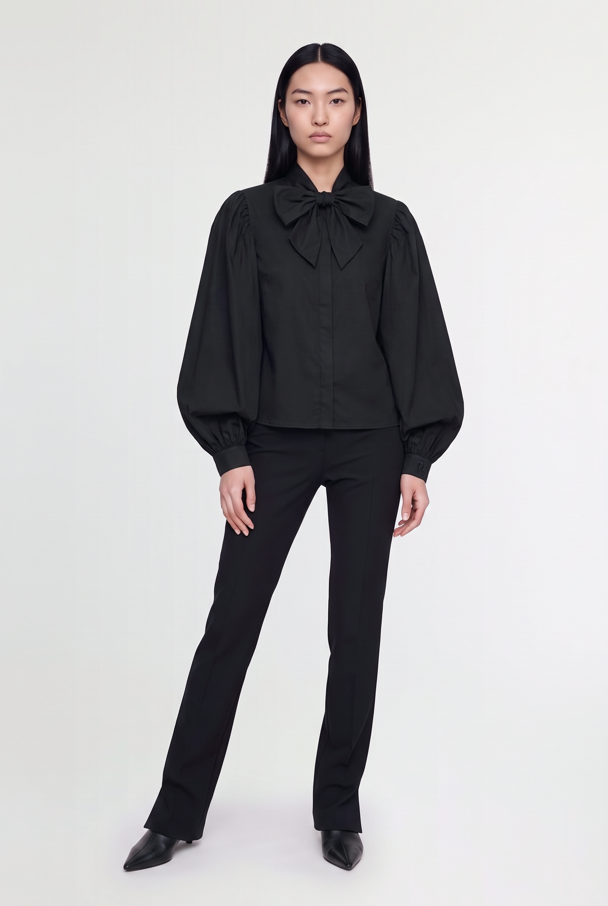 Bow-Neck Balloon-Sleeve Blouse - Black - front view