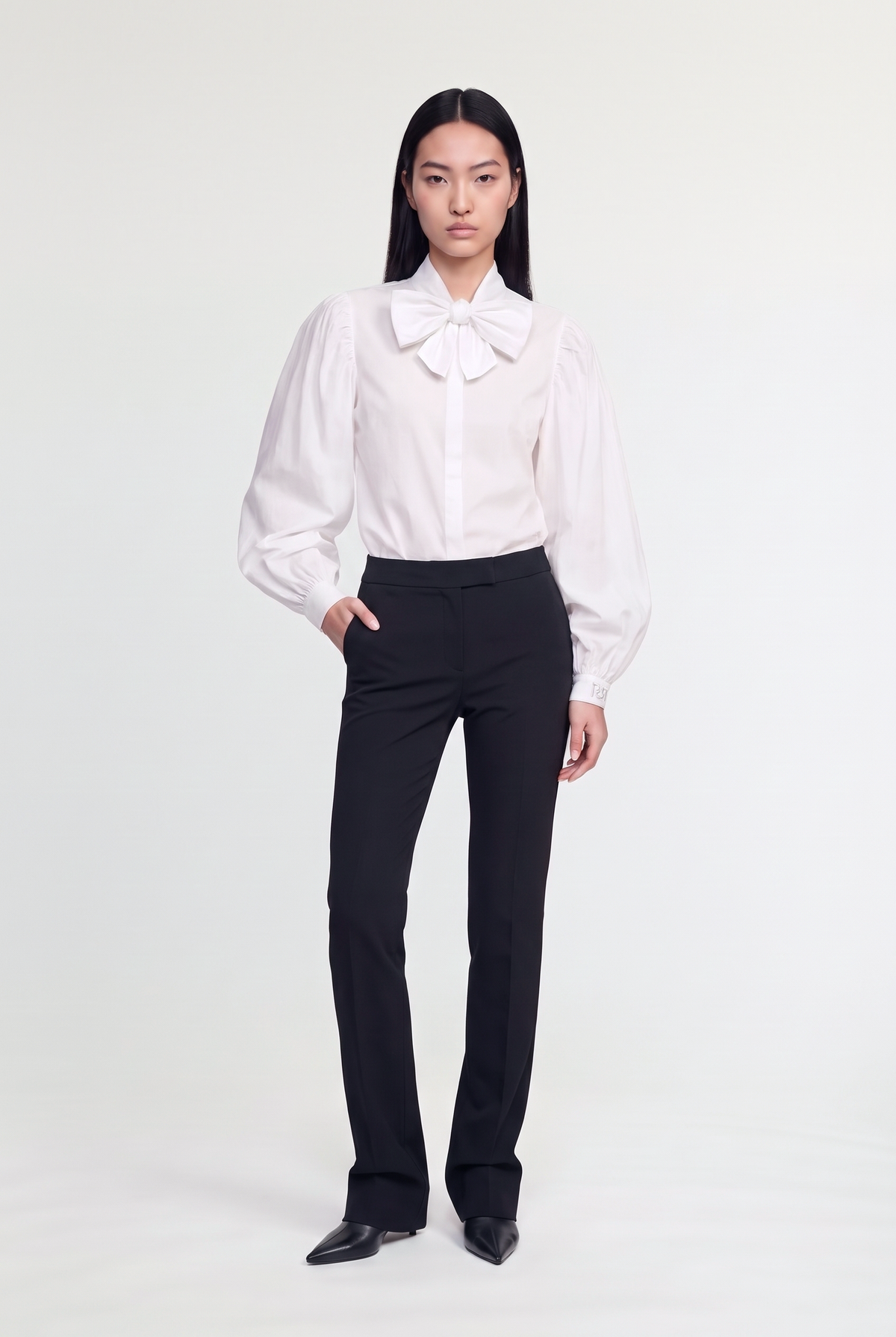 Bow-Neck Balloon-Sleeve Blouse - White - front view