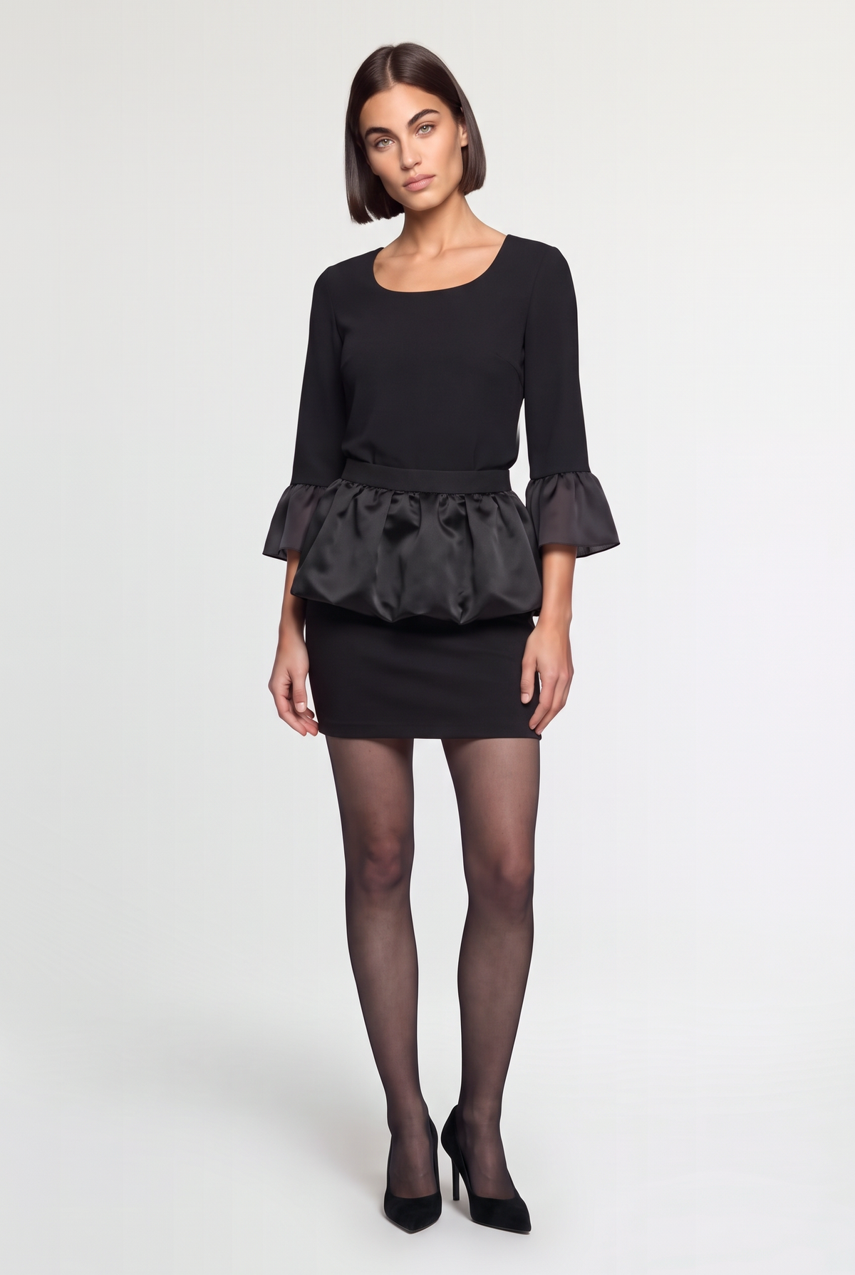 Sheer Bell-Cuff Top - Black - front view
