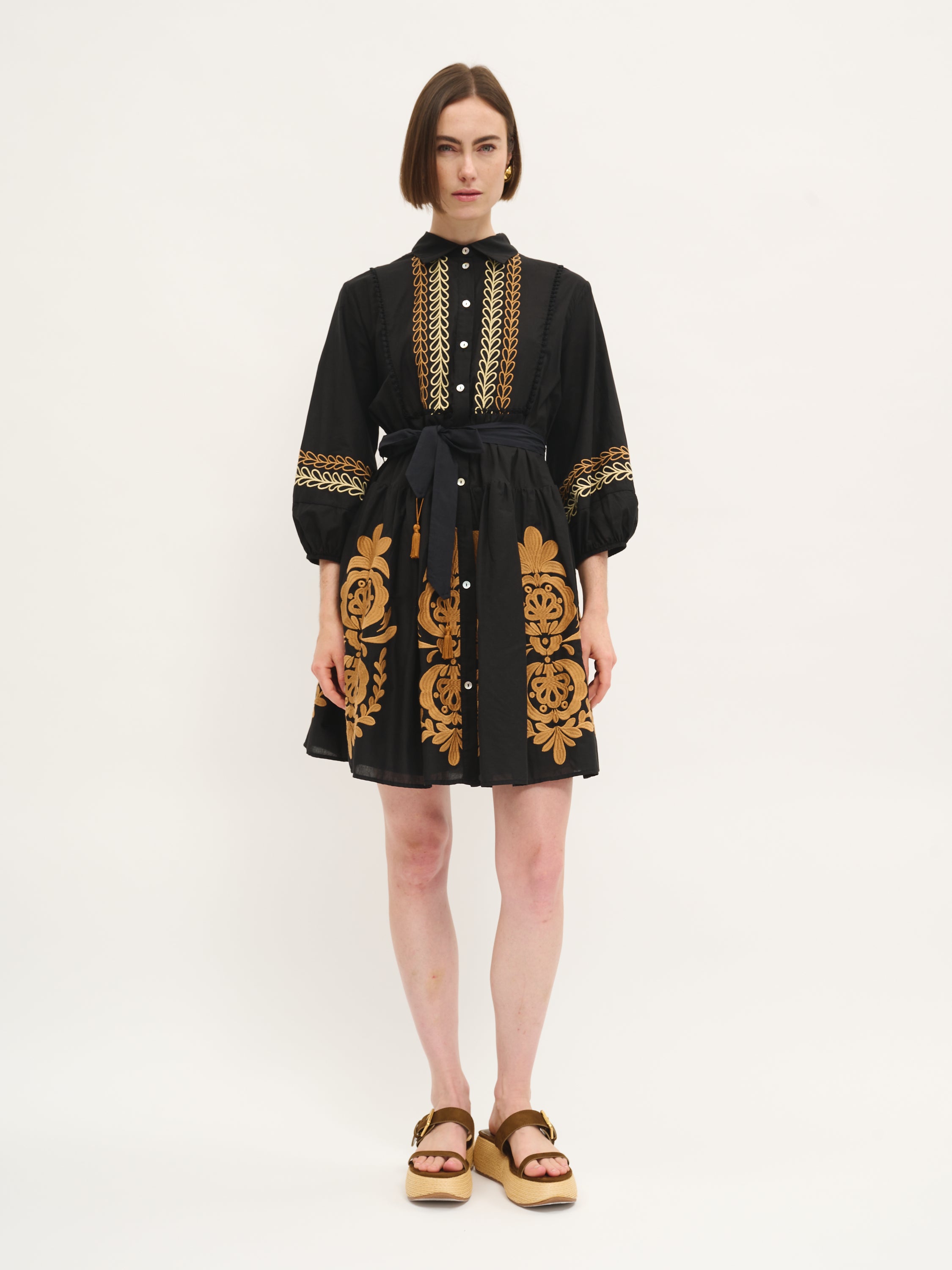 Embroidered Belted Shirt Dress
