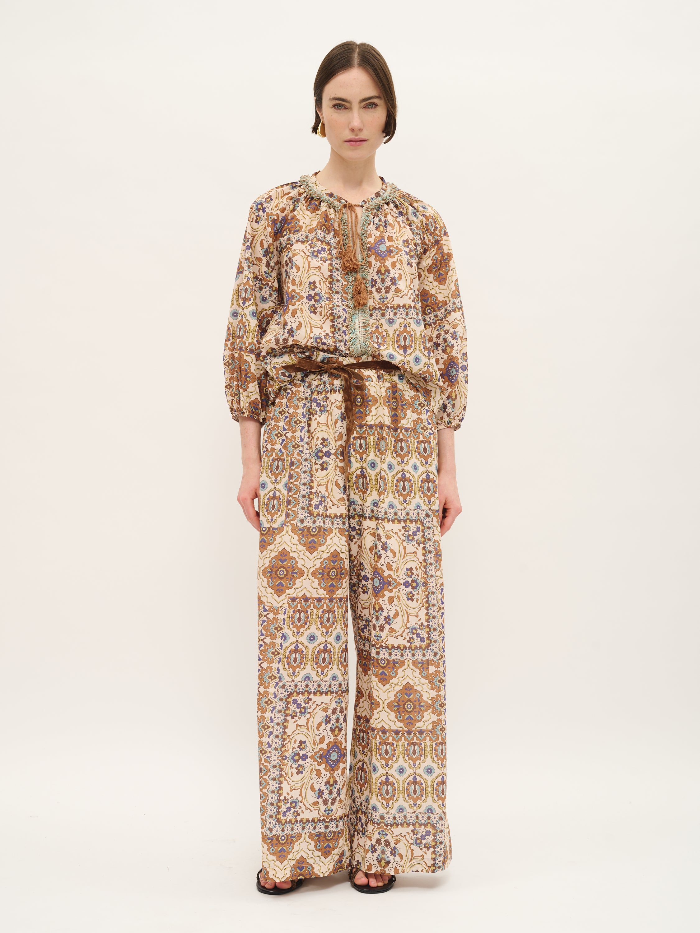 Tile Print Cotton Peasant Blouse