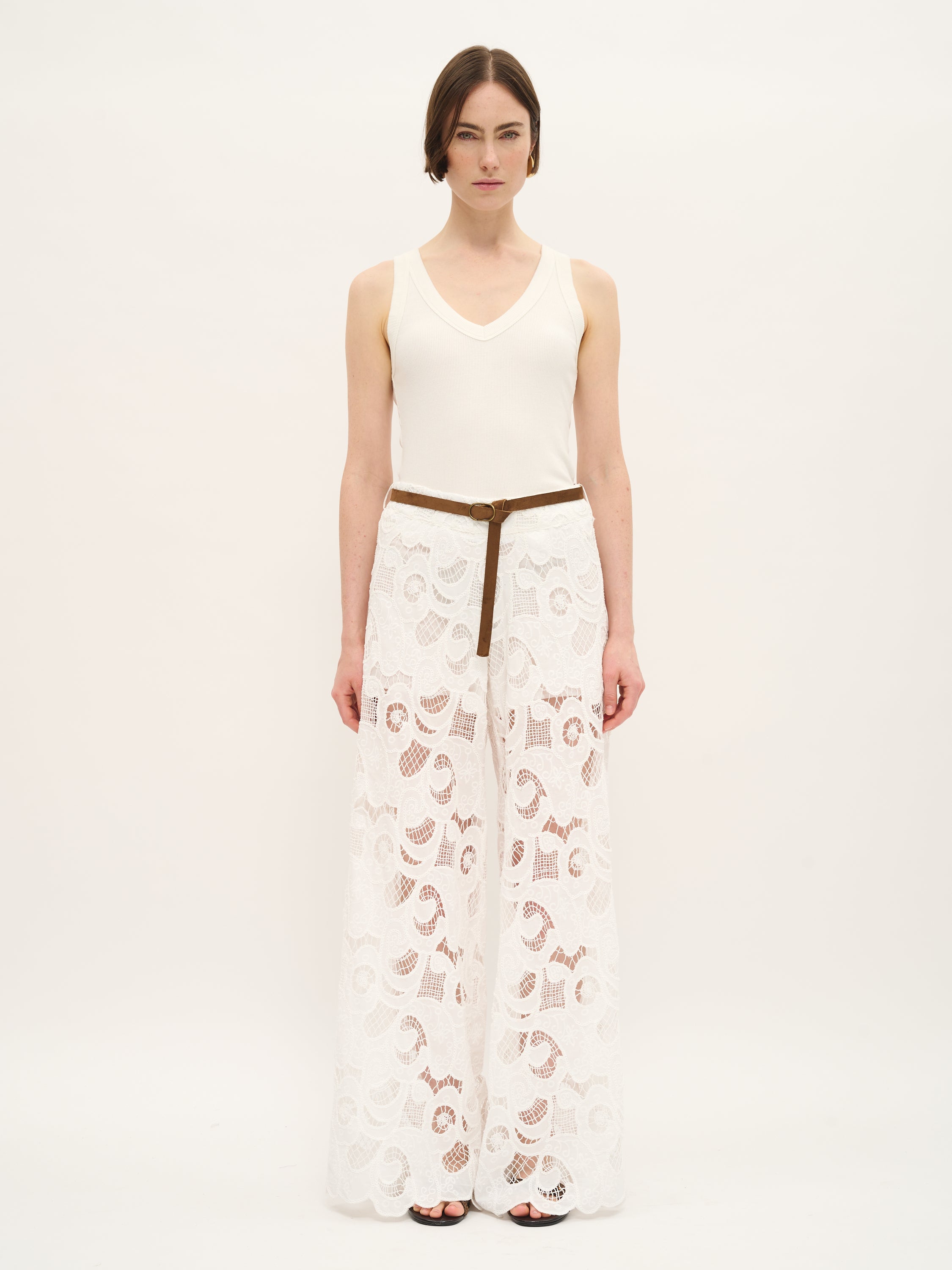 Pantalon large en dentelle et coton mélangé blanc