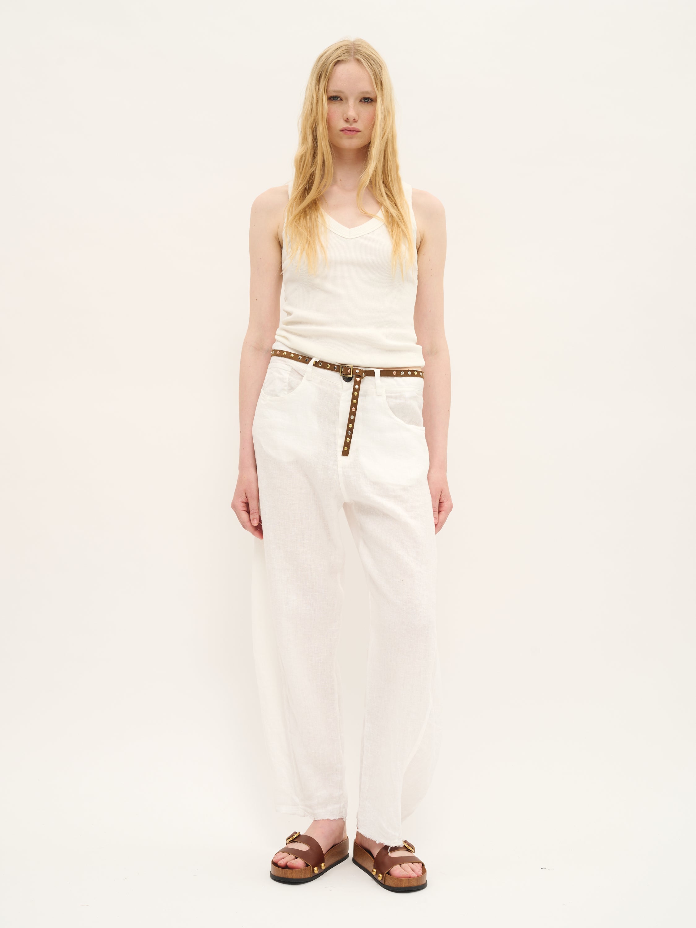 White Linen Trousers with Raw Hem