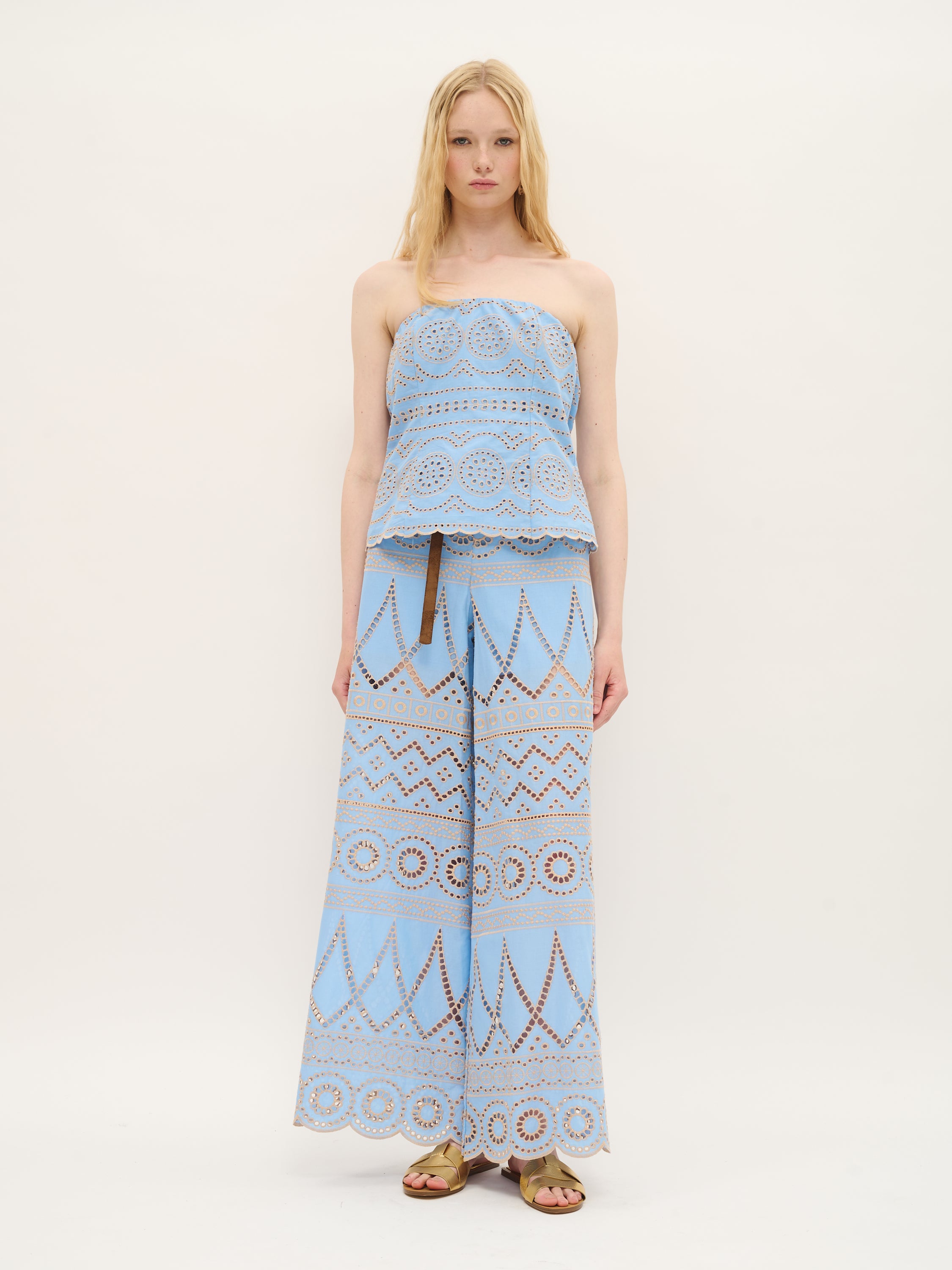 Strapless Eyelet Embroidered Top in Sky Blue Cotton