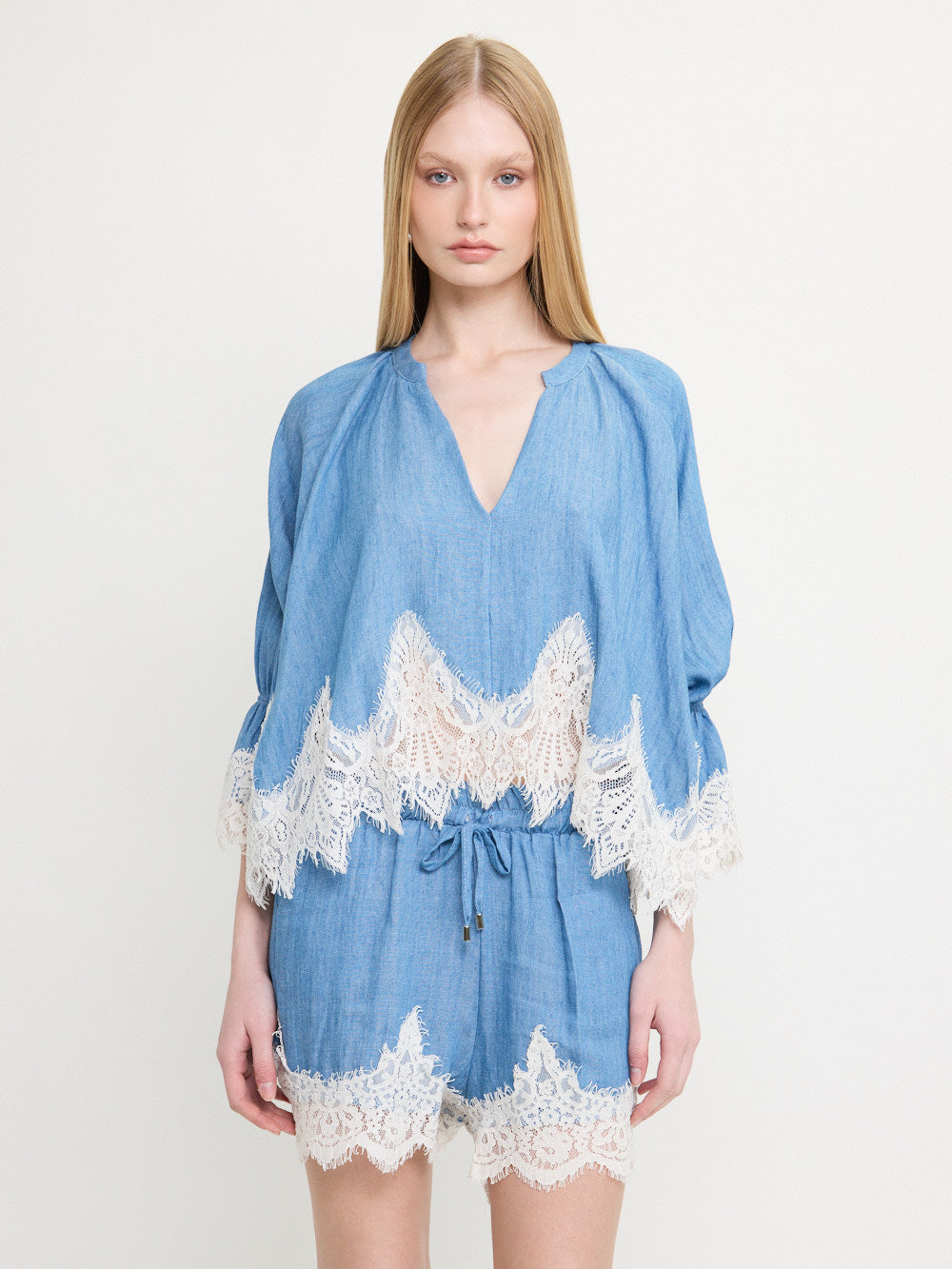 Lace Trim Chambray Blouse