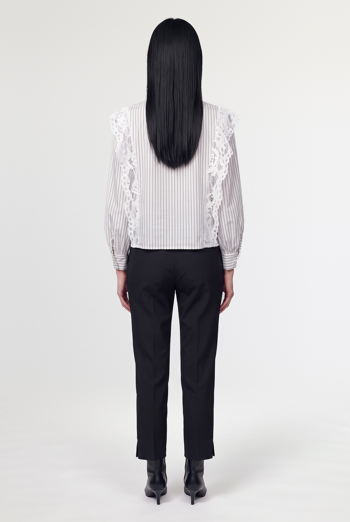 Lace-panel striped bow blouse - Black - back view