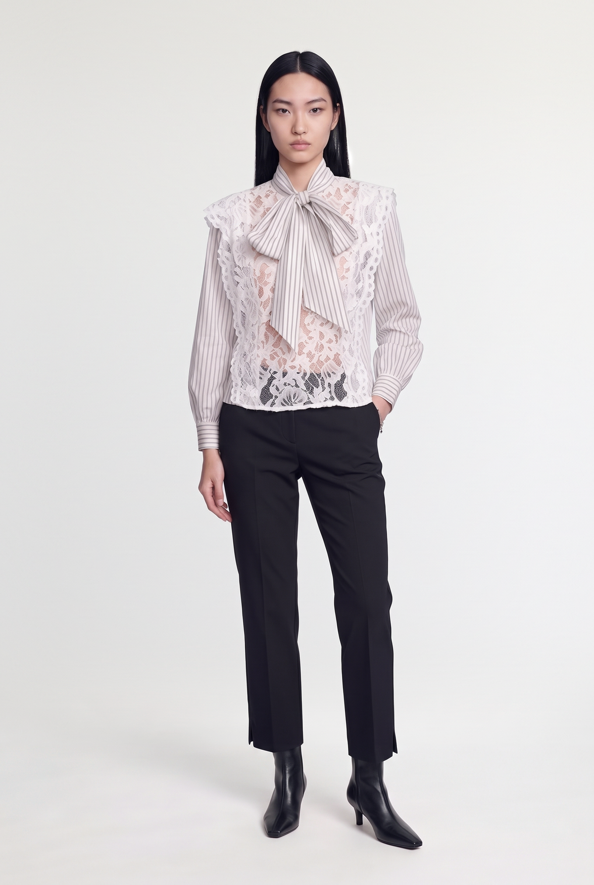 Lace-panel striped bow blouse - Black - front view