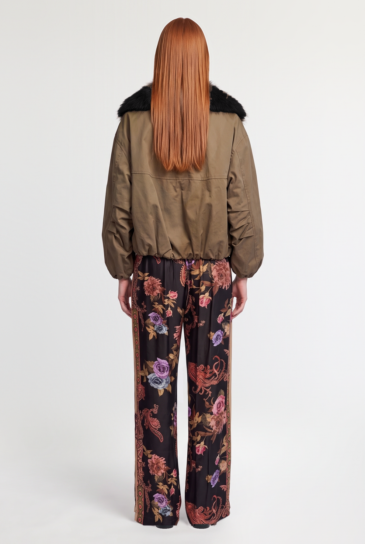 Fur-collar olive bomber - Military - back view
