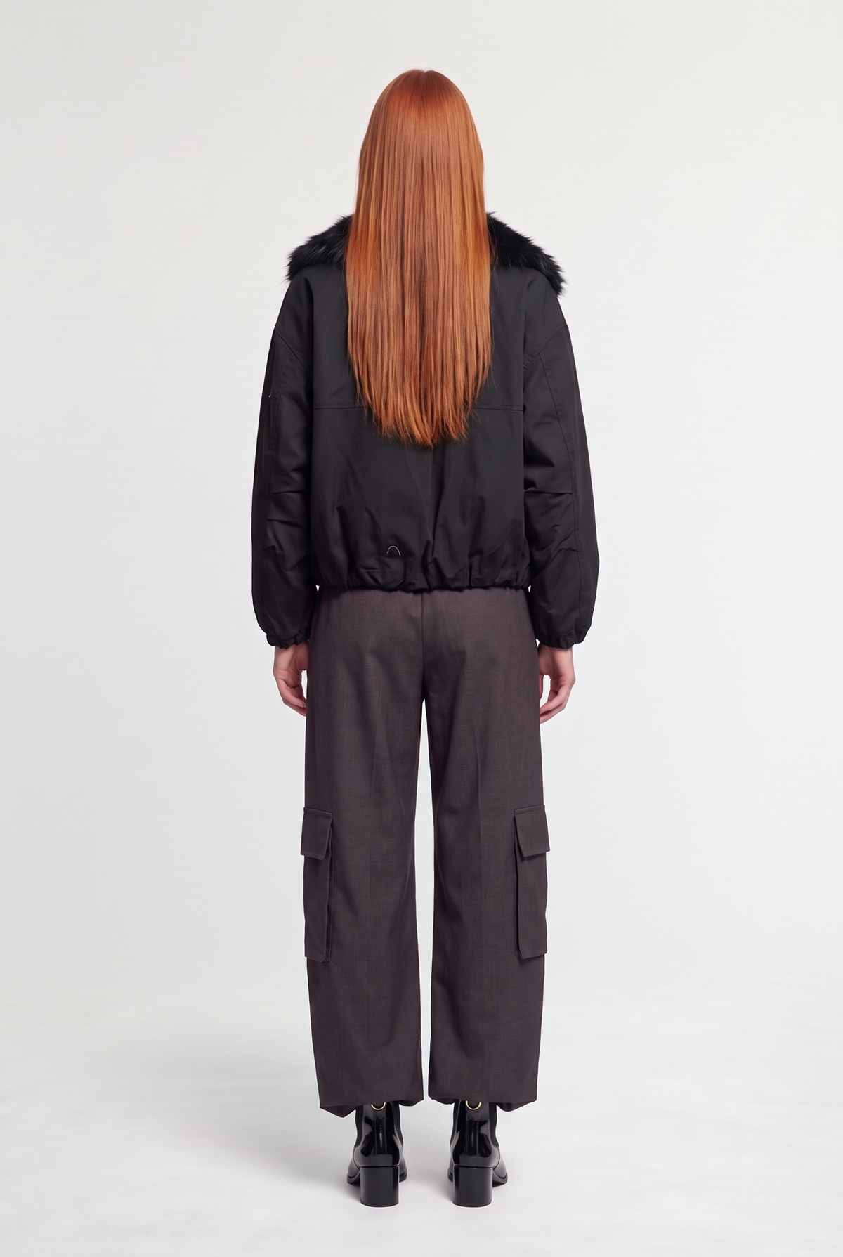 Black fur-collar bomber - Black - back view