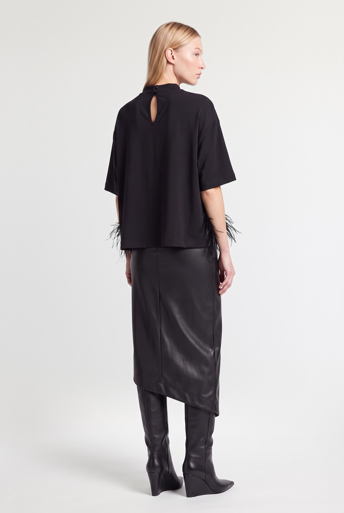 Leather Front-Slit Midi Skirt - Black - styled look, back view