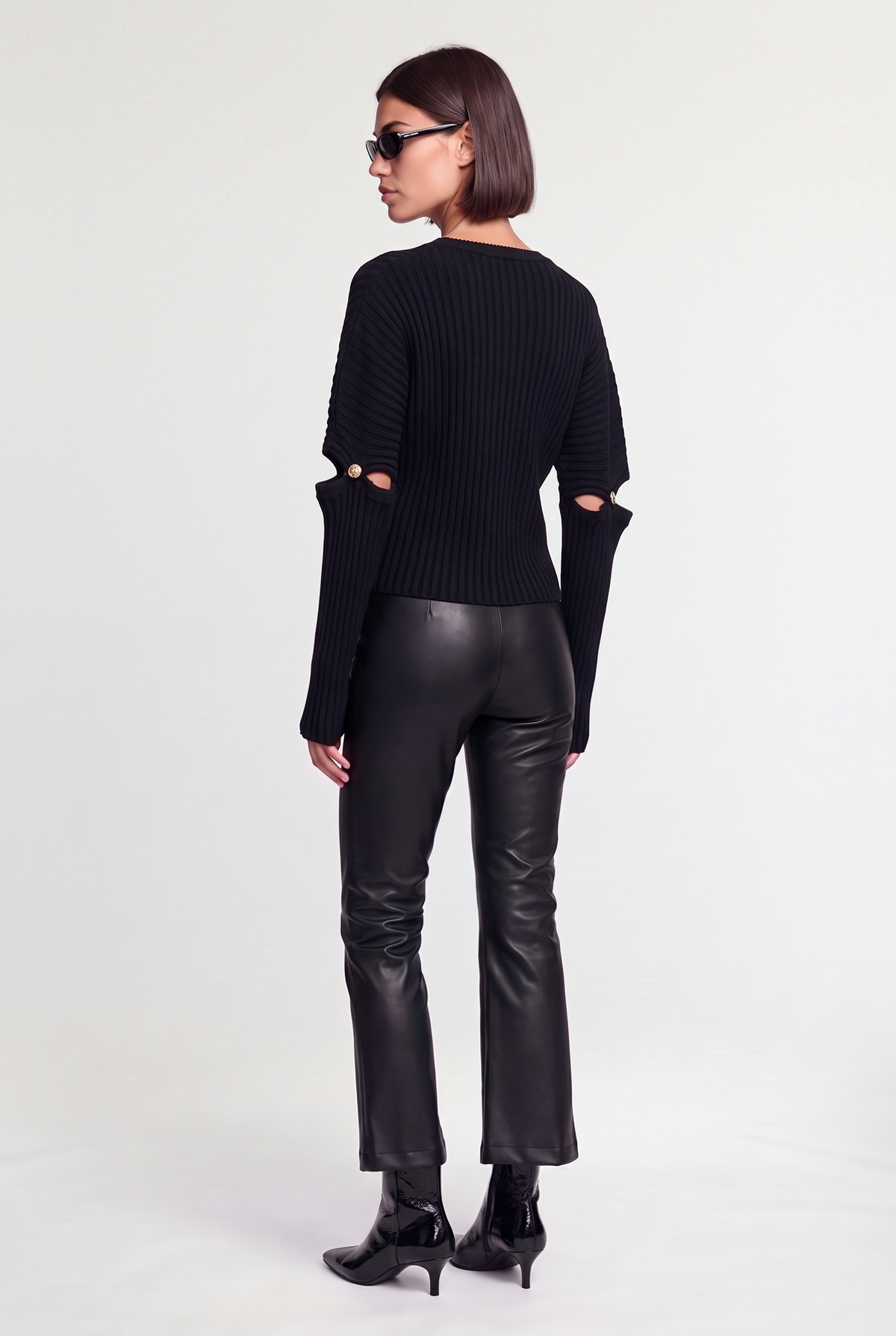 Ribbed Cutout Sleeve Sweater - Black - back view