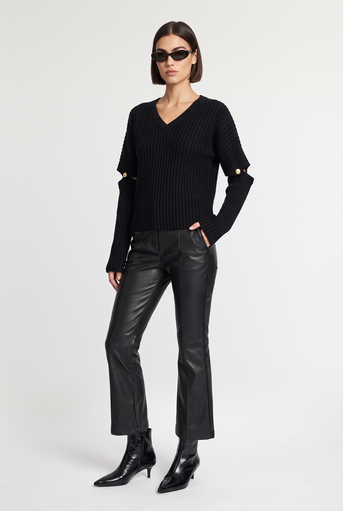 Ribbed Cutout Sleeve Sweater - Black - front view