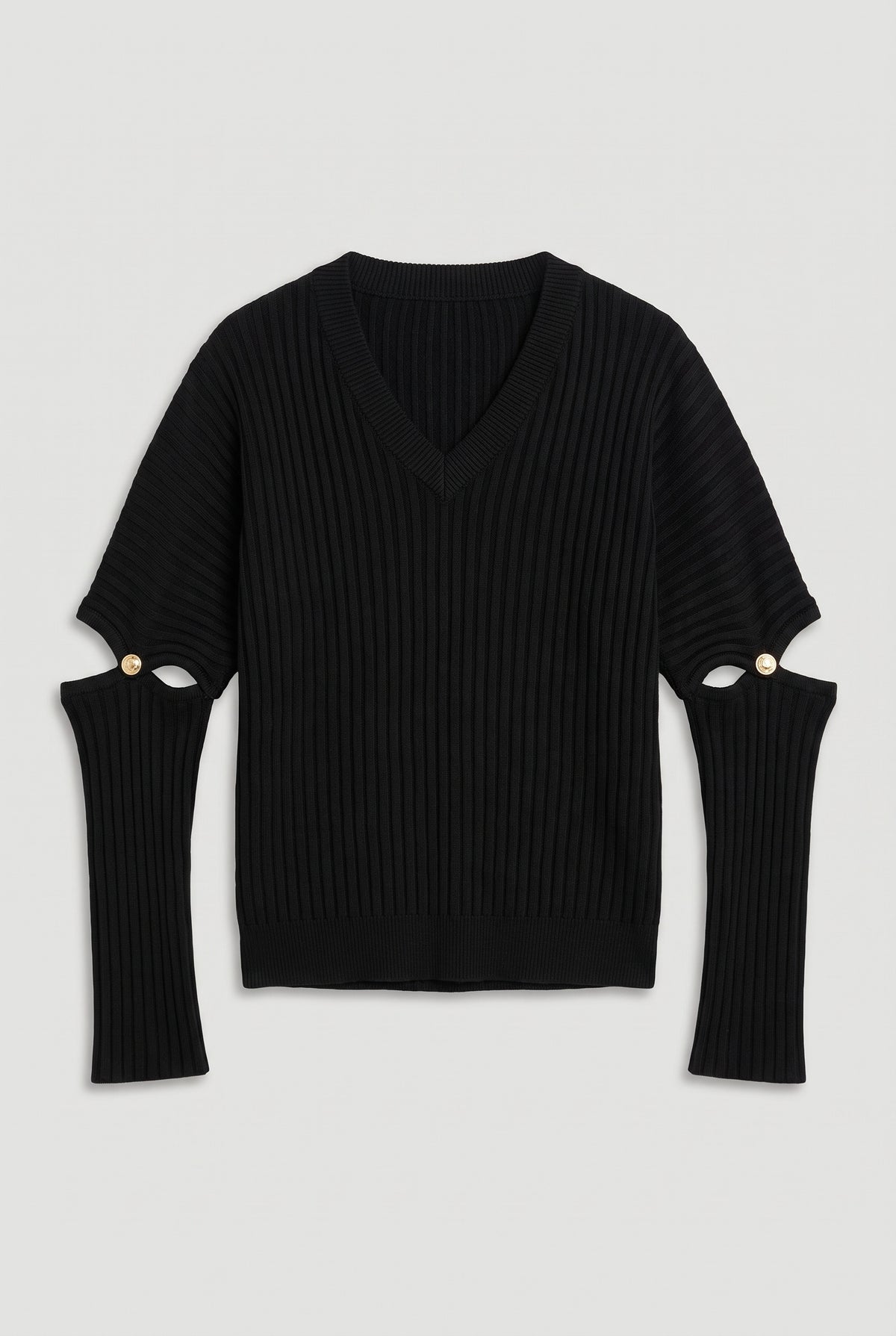 Ribbed Cutout Sleeve Sweater - Black - flat lay