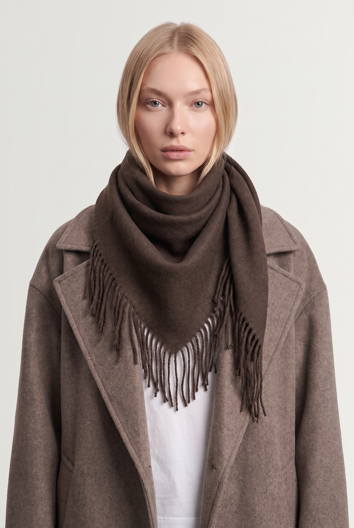 Fringed triangle scarf - Coffee - on model, front