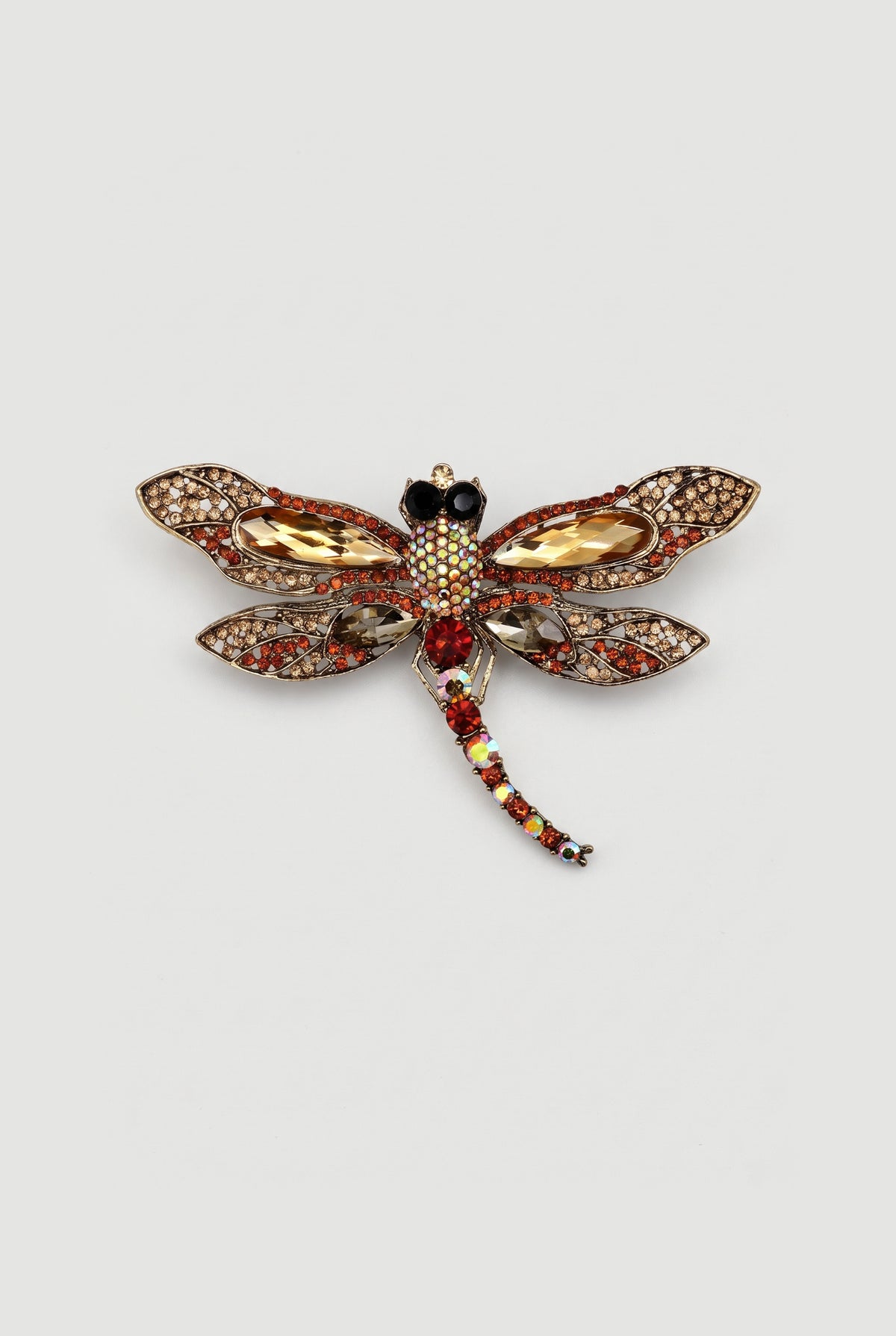 Dragonfly brooch - Amber + red - still