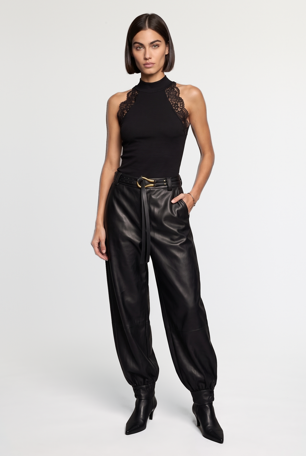 Leather Cuffed Pants - Black - front view