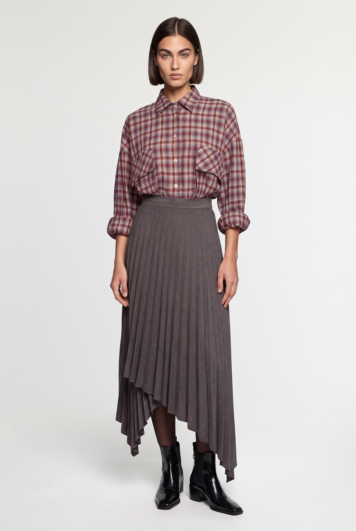 Asymmetrical Pleated Midi Skirt - Charcoal - front view