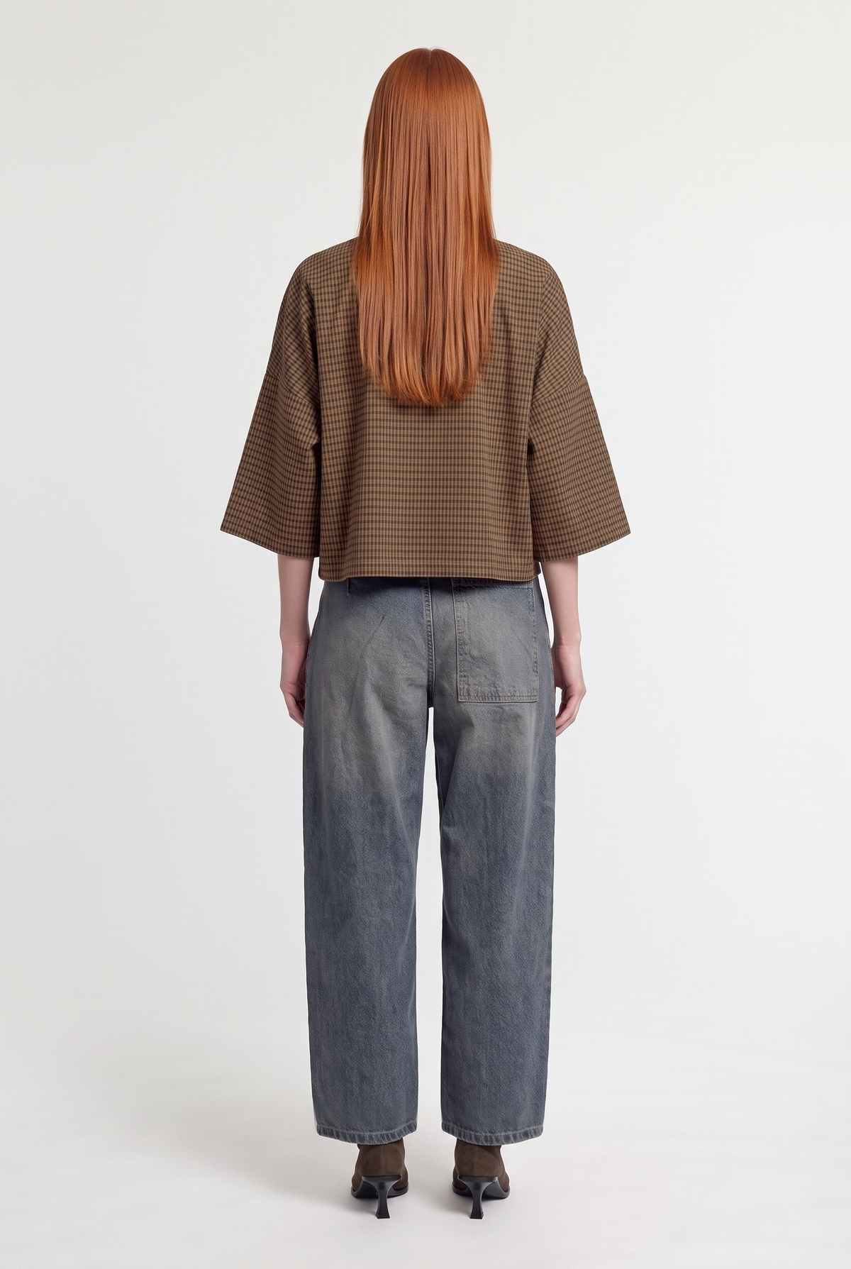 Check pussy-bow blouse - Dark Brown - back view