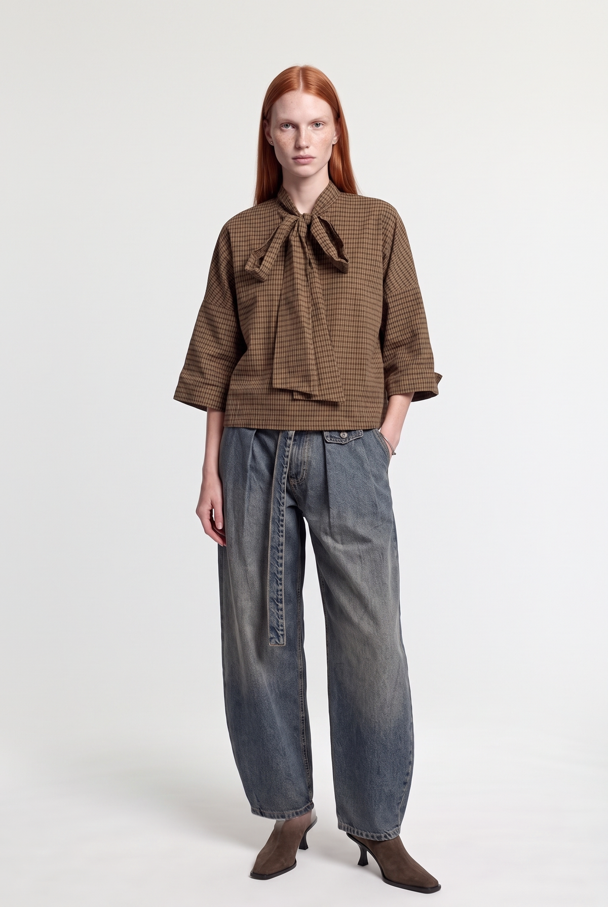 Check pussy-bow blouse - Dark Brown - front view
