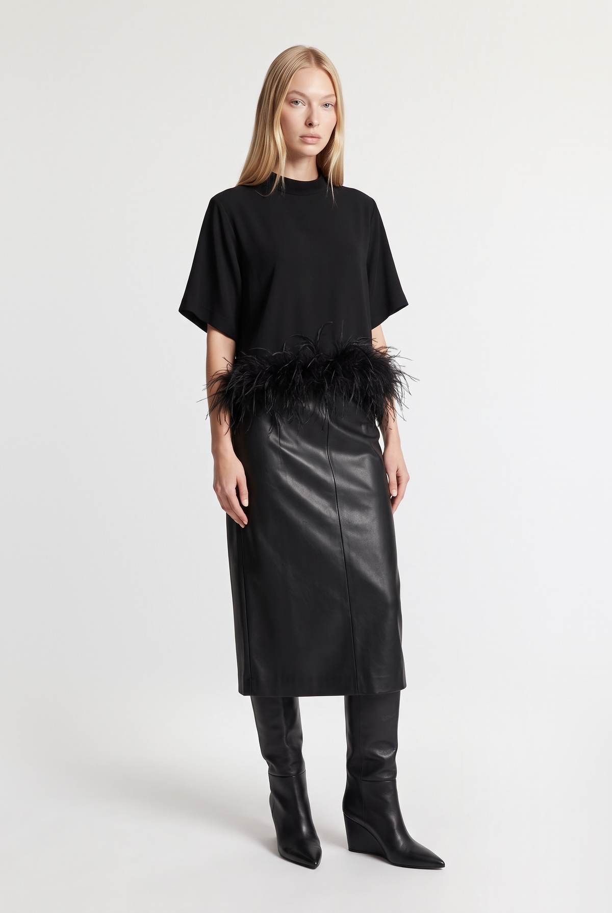 Feather-Trim Short Sleeve Top - Black - front view