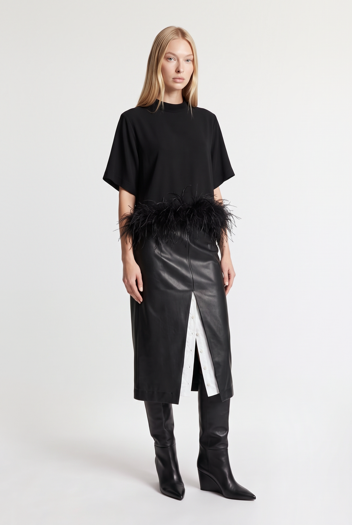 Feather-Trim Short Sleeve Top - Black - front view