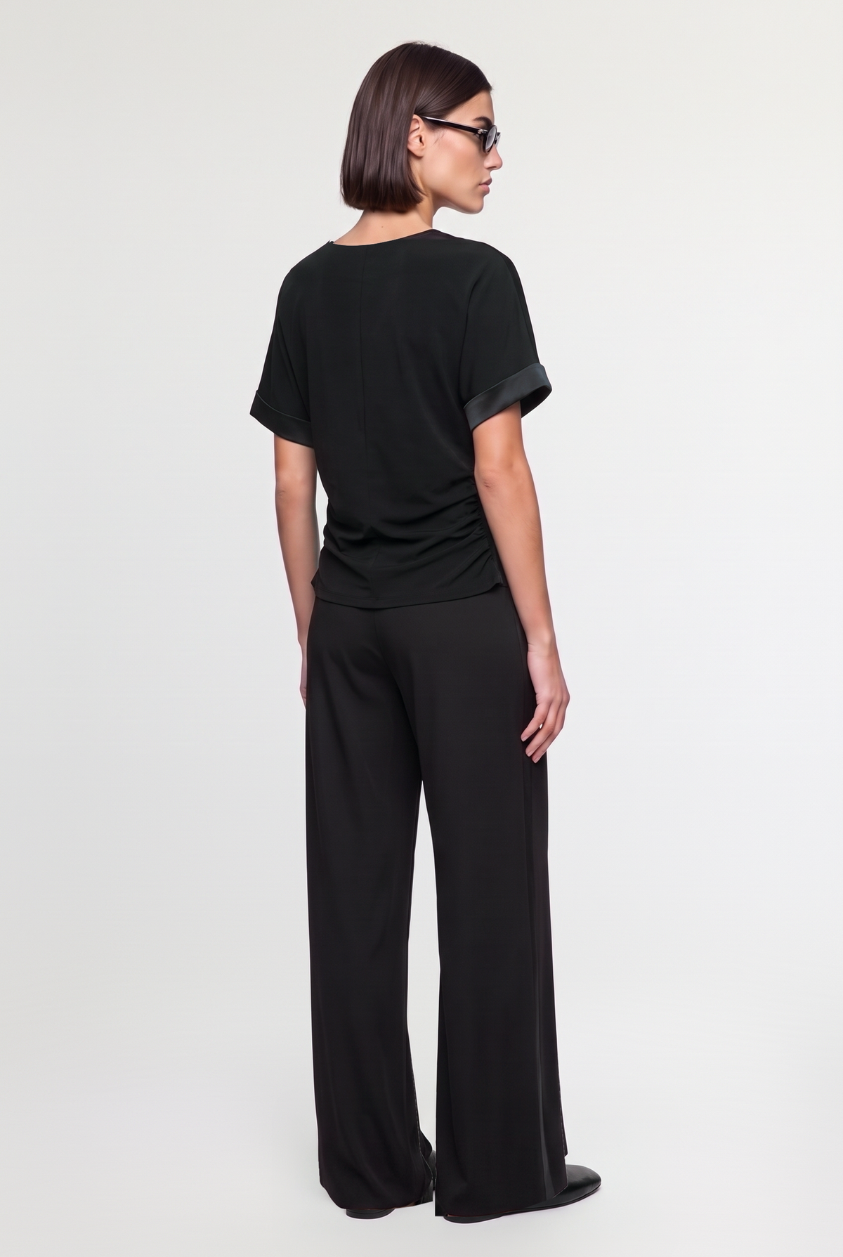 V-Neck Satin-Effect Top - Black - back view