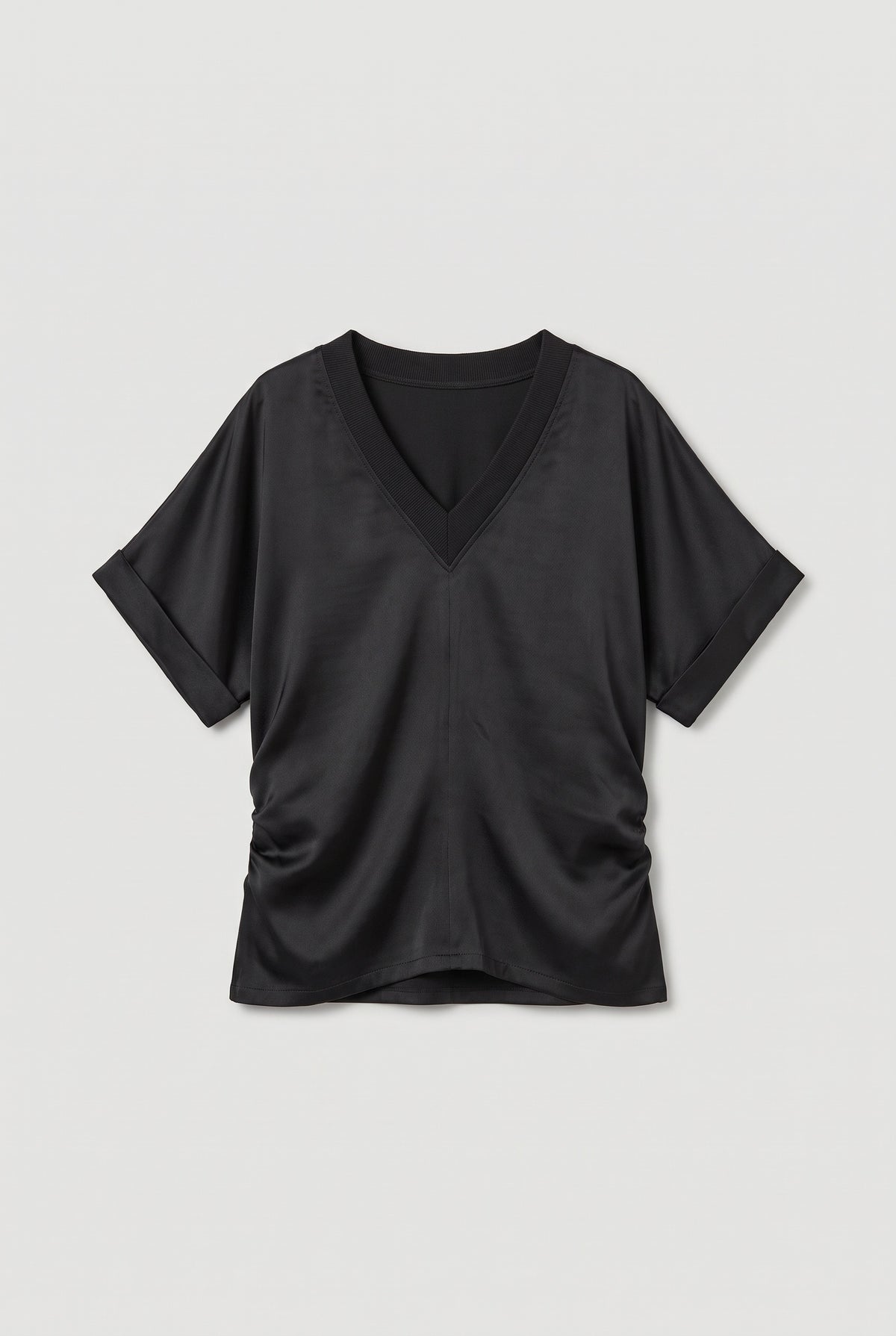 V-Neck Satin-Effect Top - Black - flat lay