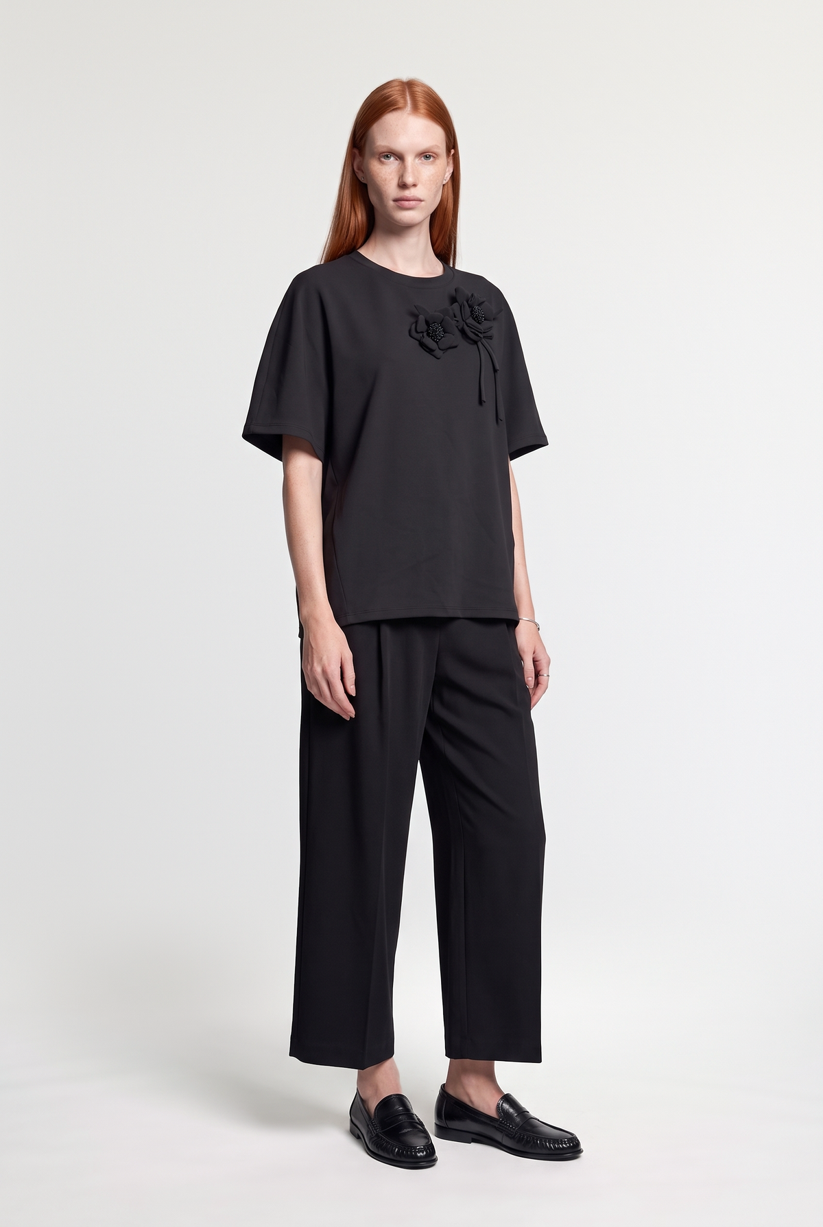 Floral Applique T-Shirt - Black - front view
