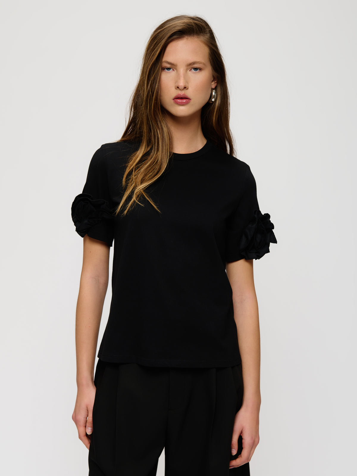 T-Shirt With Flower Sleeve Detail